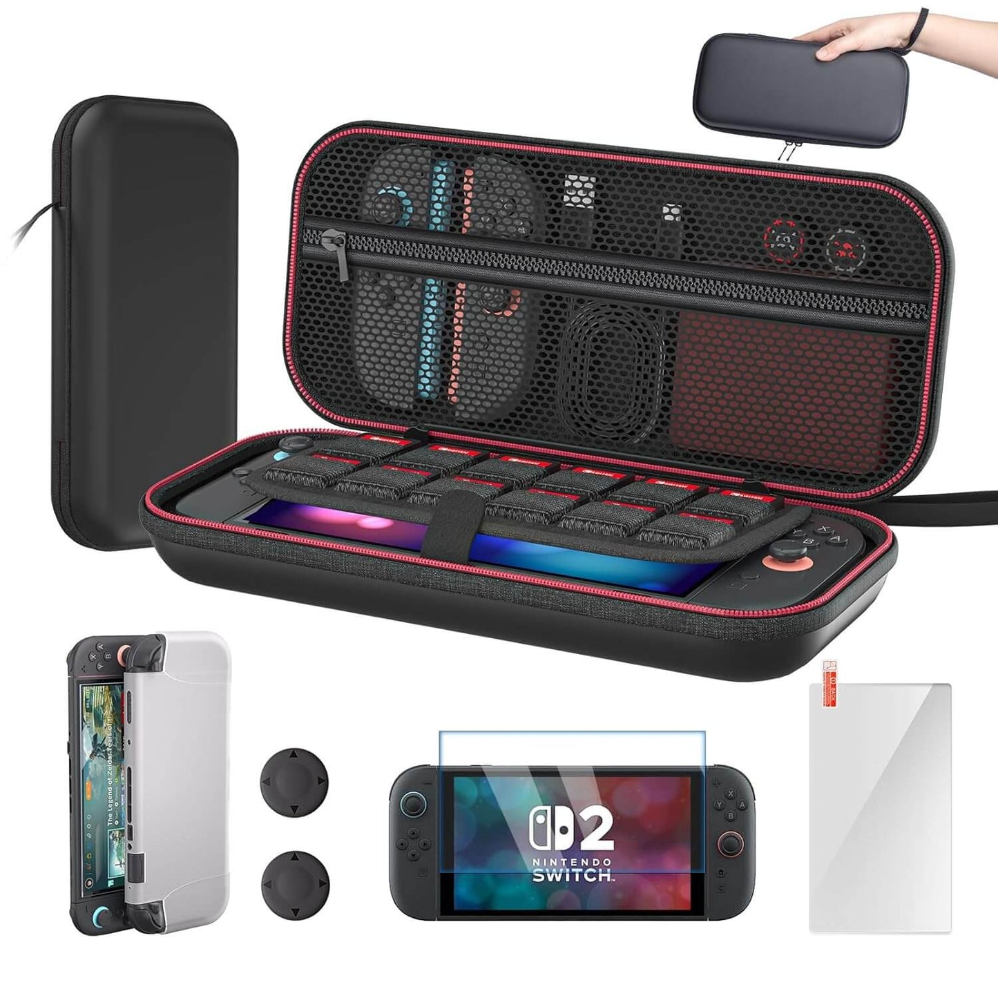 Switch 2 Carrying Case, Travel Hard Shell Storage Bag with Silicone Protective Cover, 2 Tempered Glass Screen Protectors & 2 Thumb Grips, Fits Switch 2 Accessories – Black