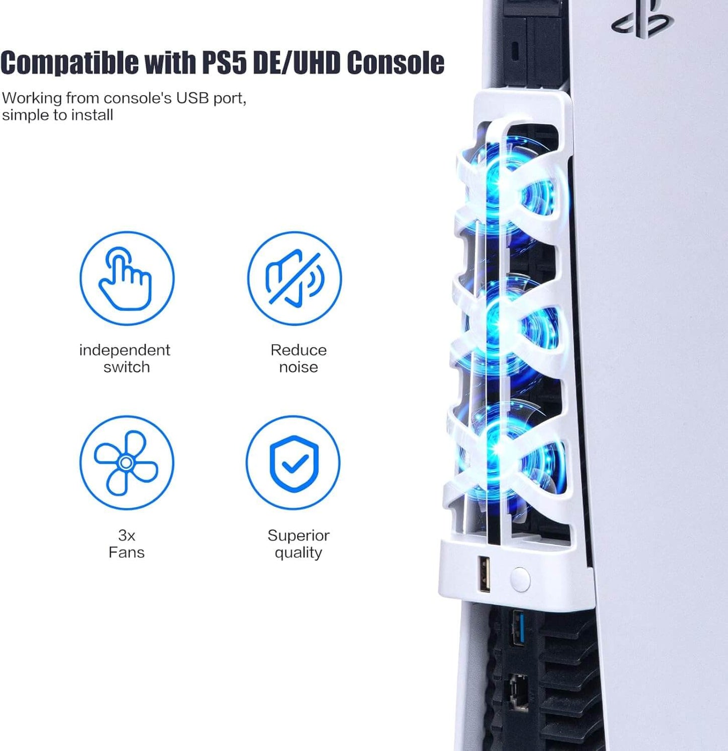 Upgraded PS5 Cooling Fan with LED Light and USB Port - Quiet Fan for PS5 Accessories - Suitable for Sony PS5 Digital/Disc Edition - White (NOT for PS5 Slim/PS5 Pro)