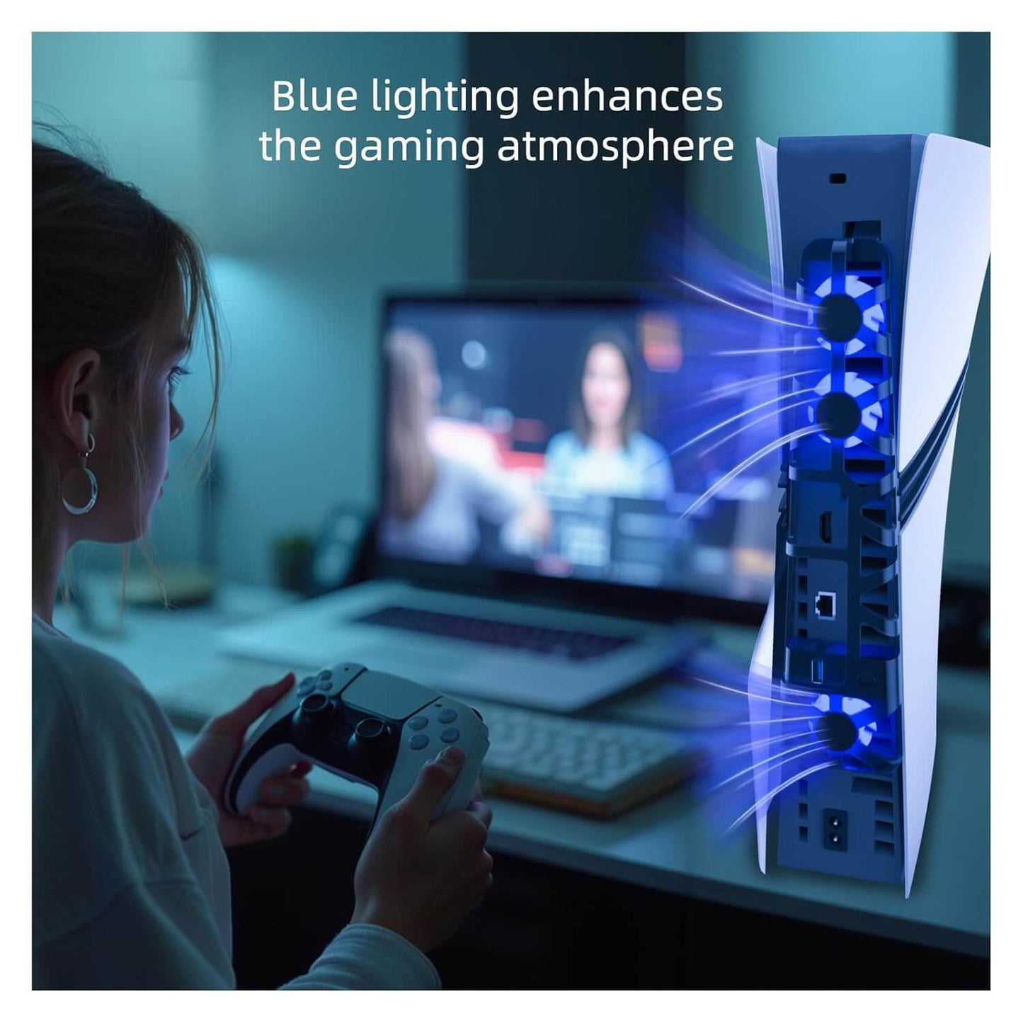PS5 Pro Cooling Fan with USB Port, Triple High-Speed Fans for Efficient Heat Dissipation, Adjustable Speed Modes, Blue LED Lights, Quiet Operation for PlayStation 5 Pro Console
