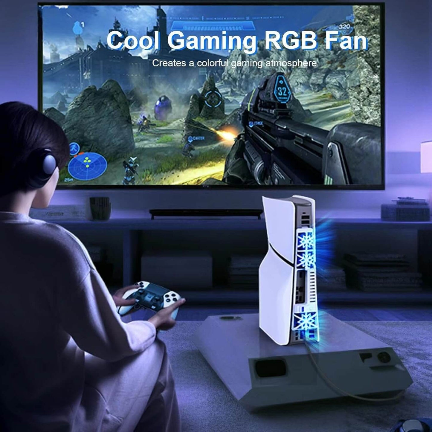 NANANINO Cooling Fan for PS5 Slim Console, Cooler Accessories with 3 High-Speed Fans, Quiet Cooling System with LED Light and USB 3.0 Port for PS5 Slim Digital & Discs Edition - White(NOT for PS5 Pro)