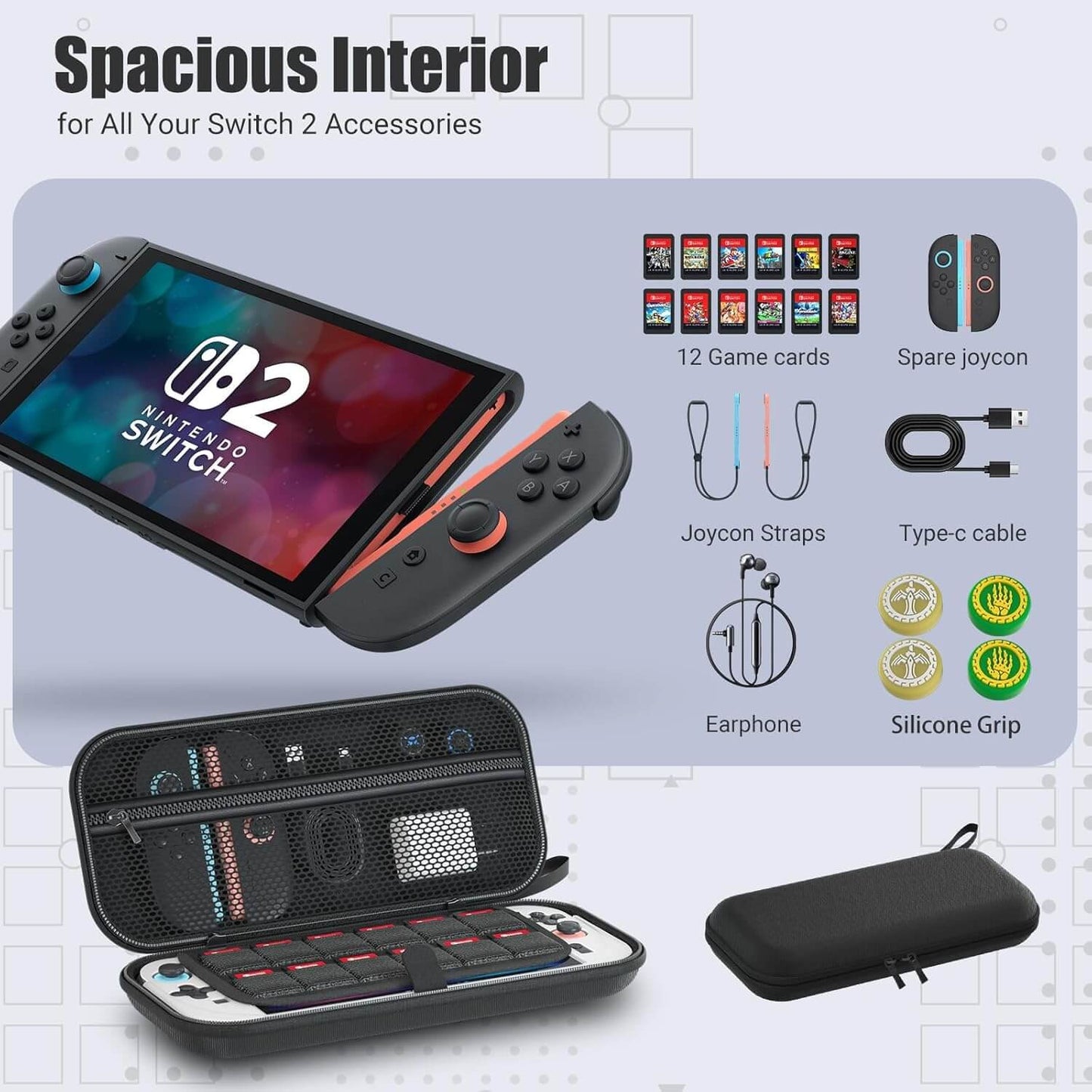 Switch 2 Carrying Case, Travel Hard Shell Storage Bag with Silicone Protective Cover, 2 Tempered Glass Screen Protectors & 2 Thumb Grips, Fits Switch 2 Accessories – Black