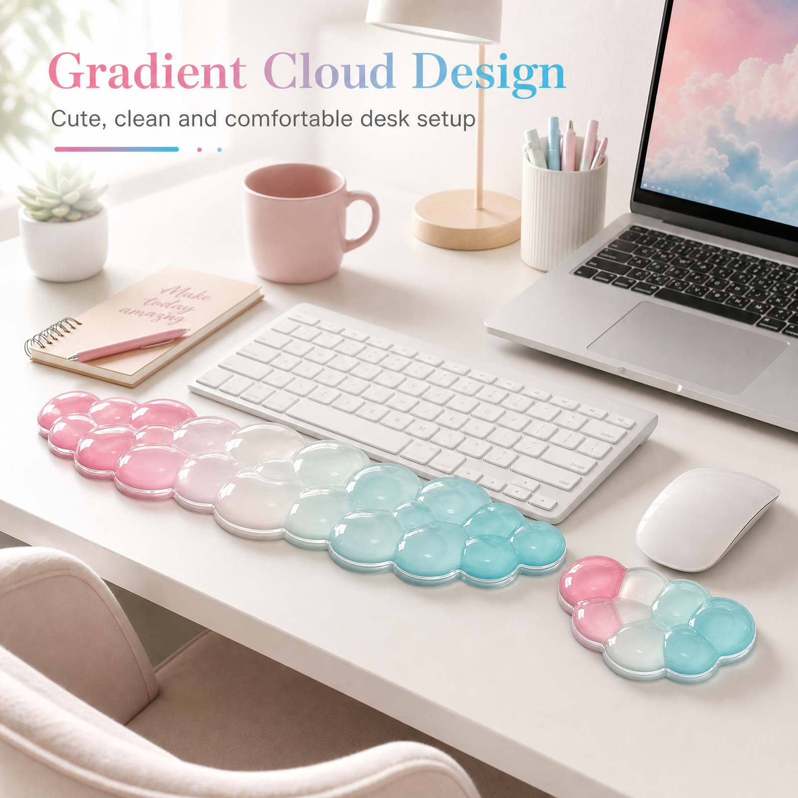 Pink and aqua cloud gel wrist rest set on a clean office desk setup