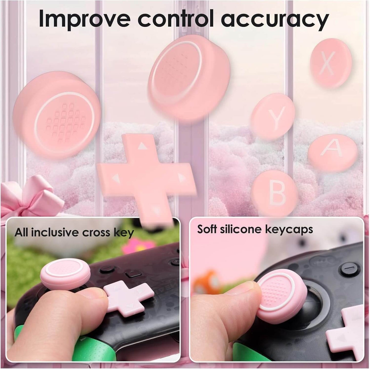 NANANINO Switch Pro Controller Button Set, Silicone Cross D-Pad Button Cover Set Joystick Cover - ABXY Button Stickers, Cute Switch Pro Controller Thumb Grips and Dpad Caps - Pink