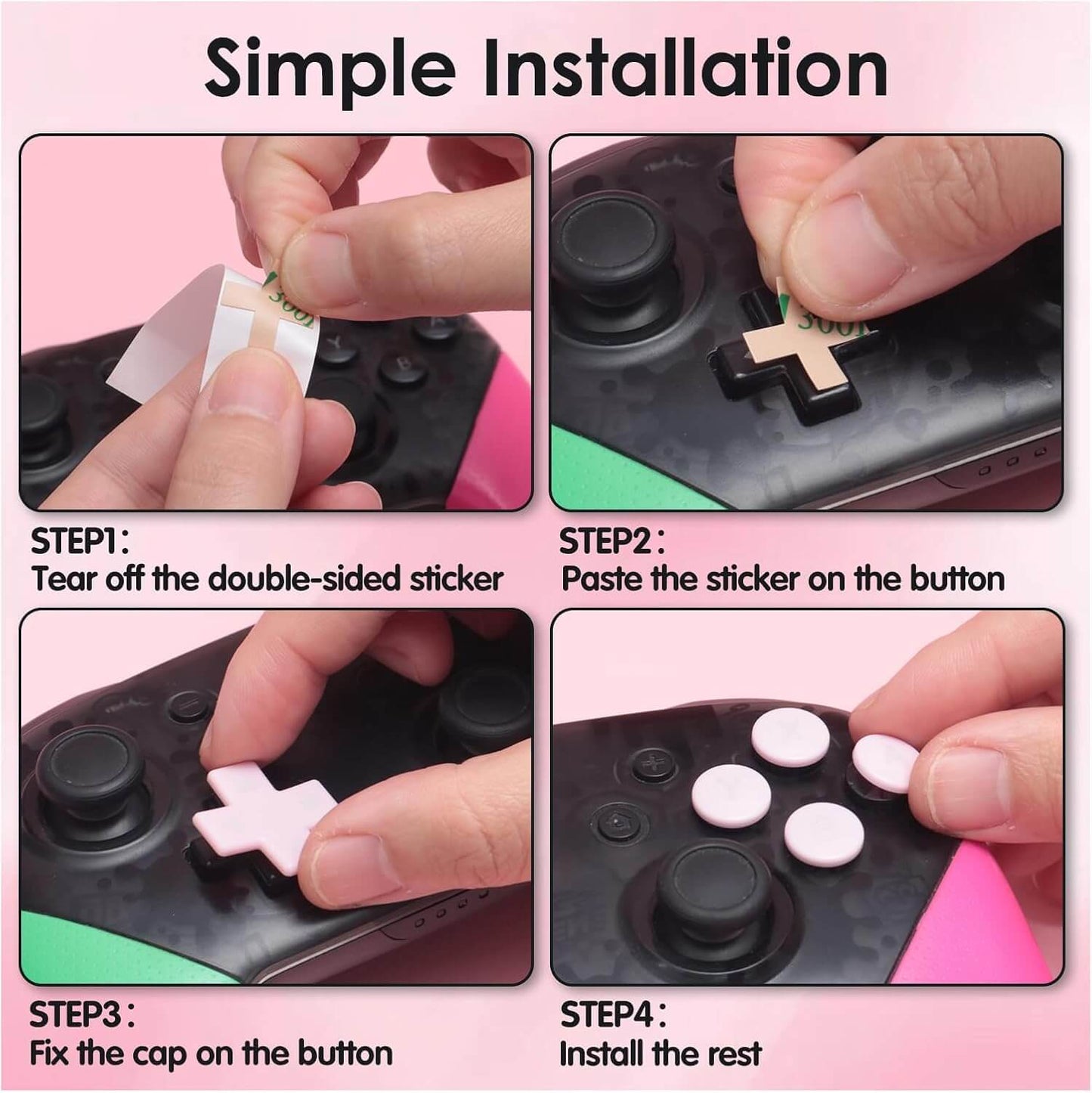 NANANINO Switch Pro Controller Button Set, Silicone Cross D-Pad Button Cover Set Joystick Cover - ABXY Button Stickers, Cute Switch Pro Controller Thumb Grips and Dpad Caps - Pink