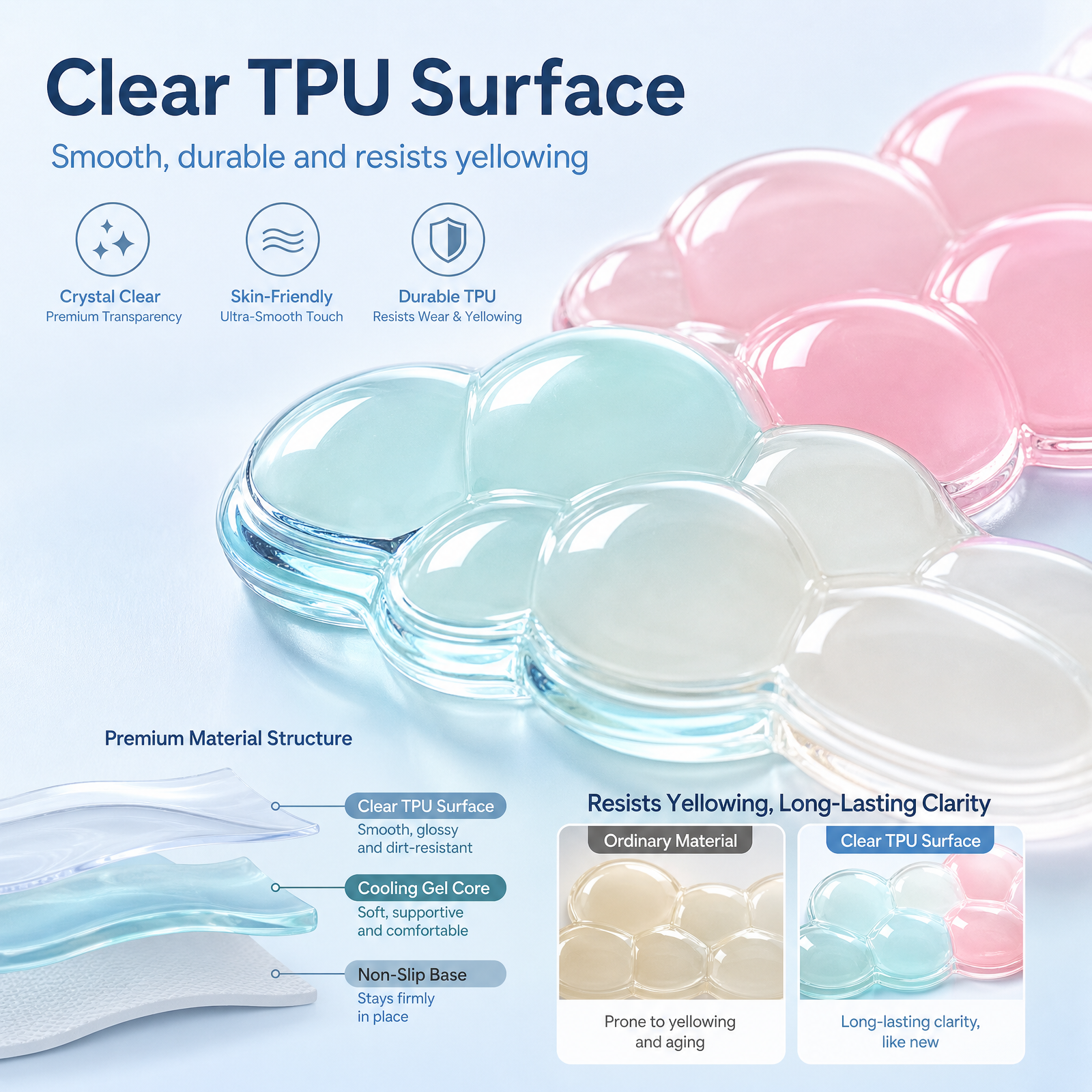 Close-up of clear TPU surface on cooling cloud gel wrist rest