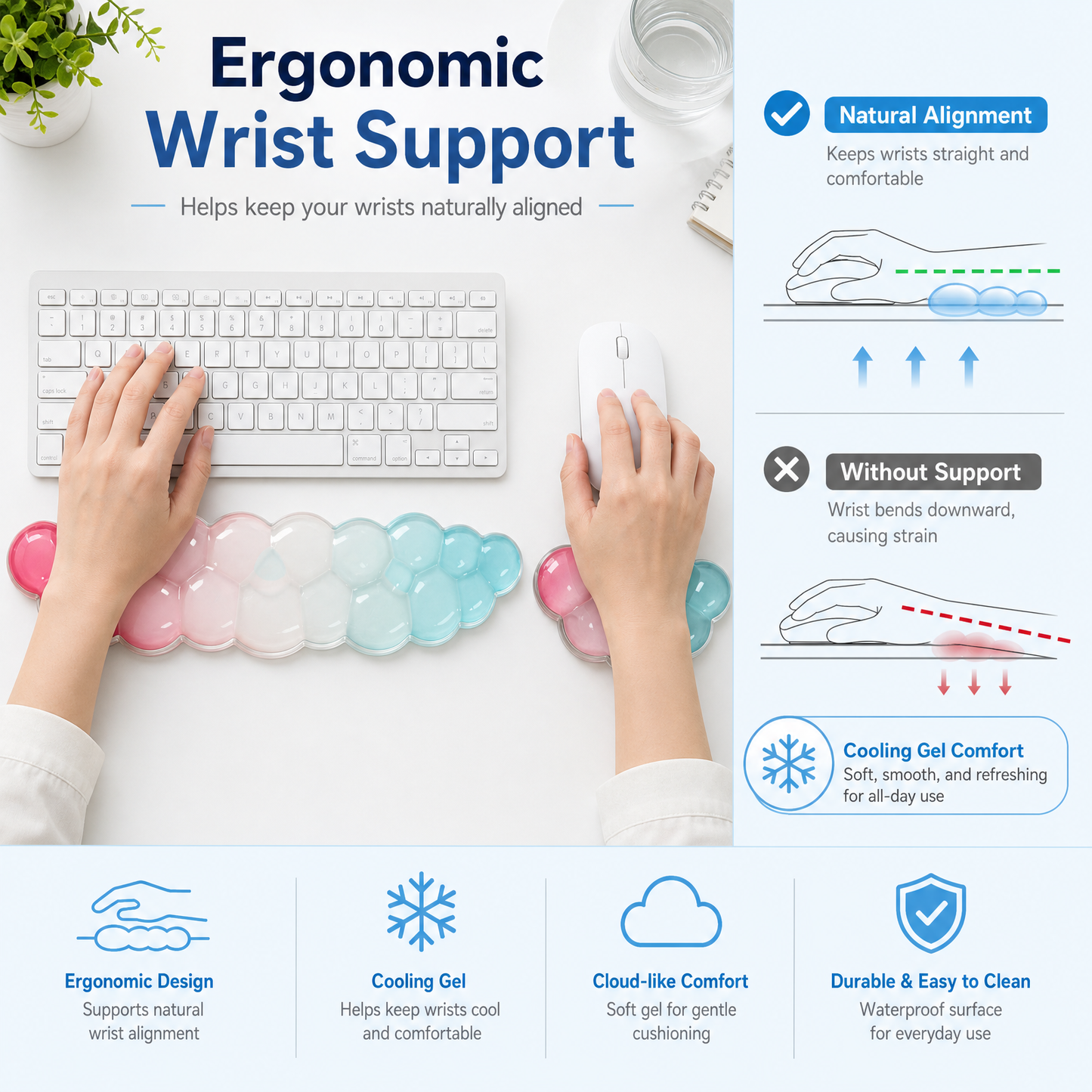Ergonomic cloud wrist rest supporting natural wrist alignment while typing