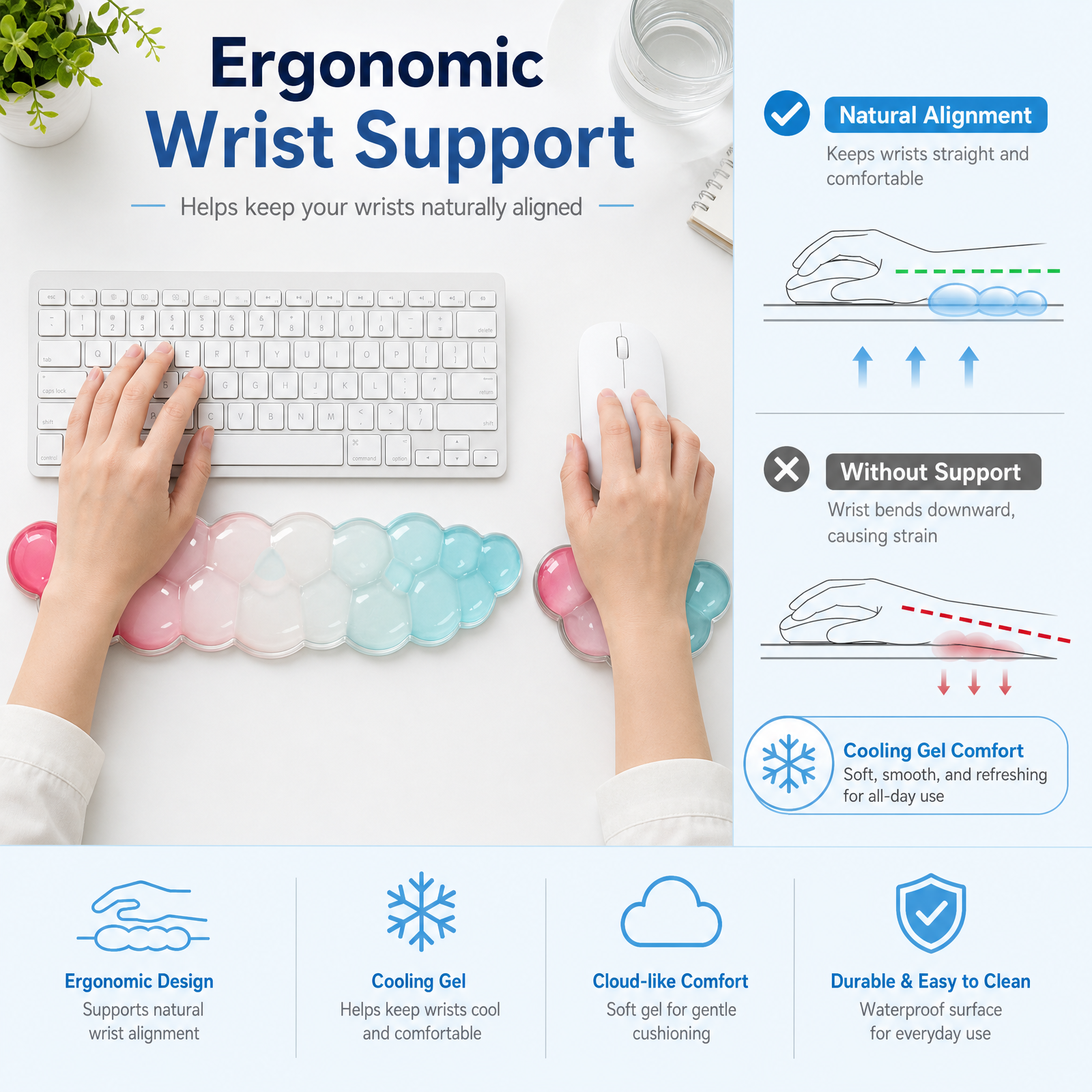 Ergonomic cloud wrist rest supporting natural wrist alignment while typing