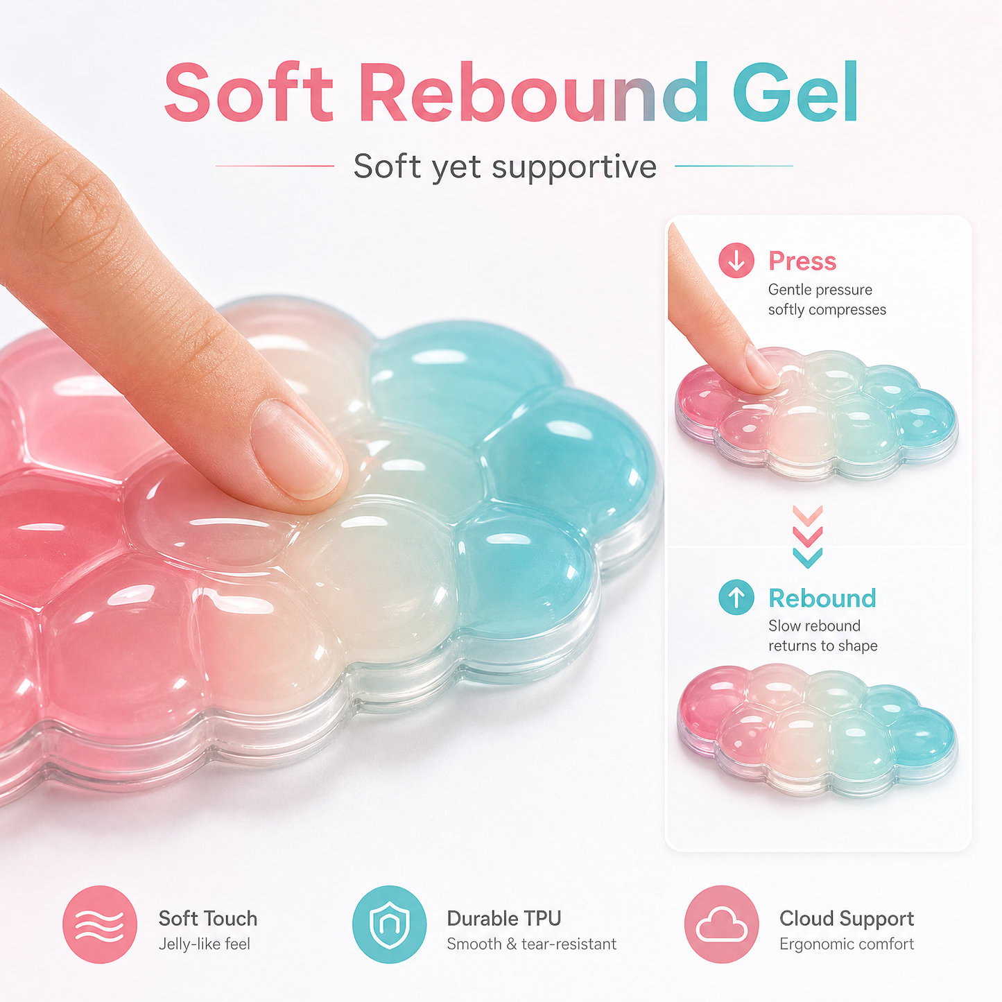 Soft rebound gel wrist rest being pressed to show cushioning support