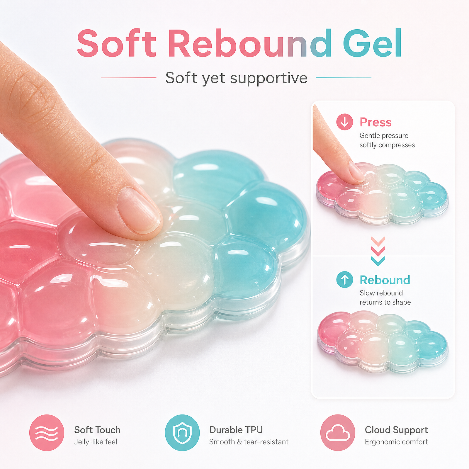 Soft rebound gel wrist rest being pressed to show cushioning support