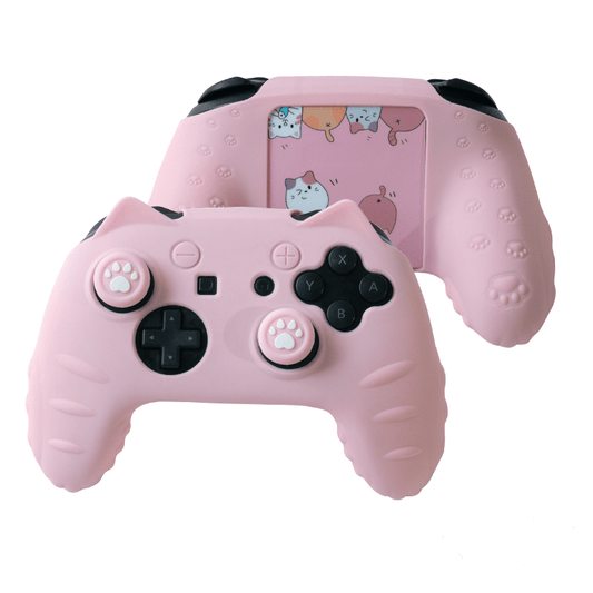 Cute Cat Paw Skin for Switch Pro Controller - Soft Silicone Protective Cover with Thumb Grip Caps and Stickers, Personalized Gaming Accessory for Kids & Cat Lovers - Pink