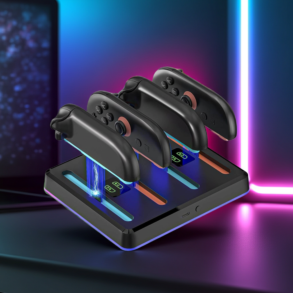 NANANINO Switch 2 Controller Charging Dock, 4-in-1 Magnetic Fast Charger for Joy-Con 2 Controllers with Wall Mount, Smart RGB Lighting, Compact Nintendo Switch 2 Controller Charger