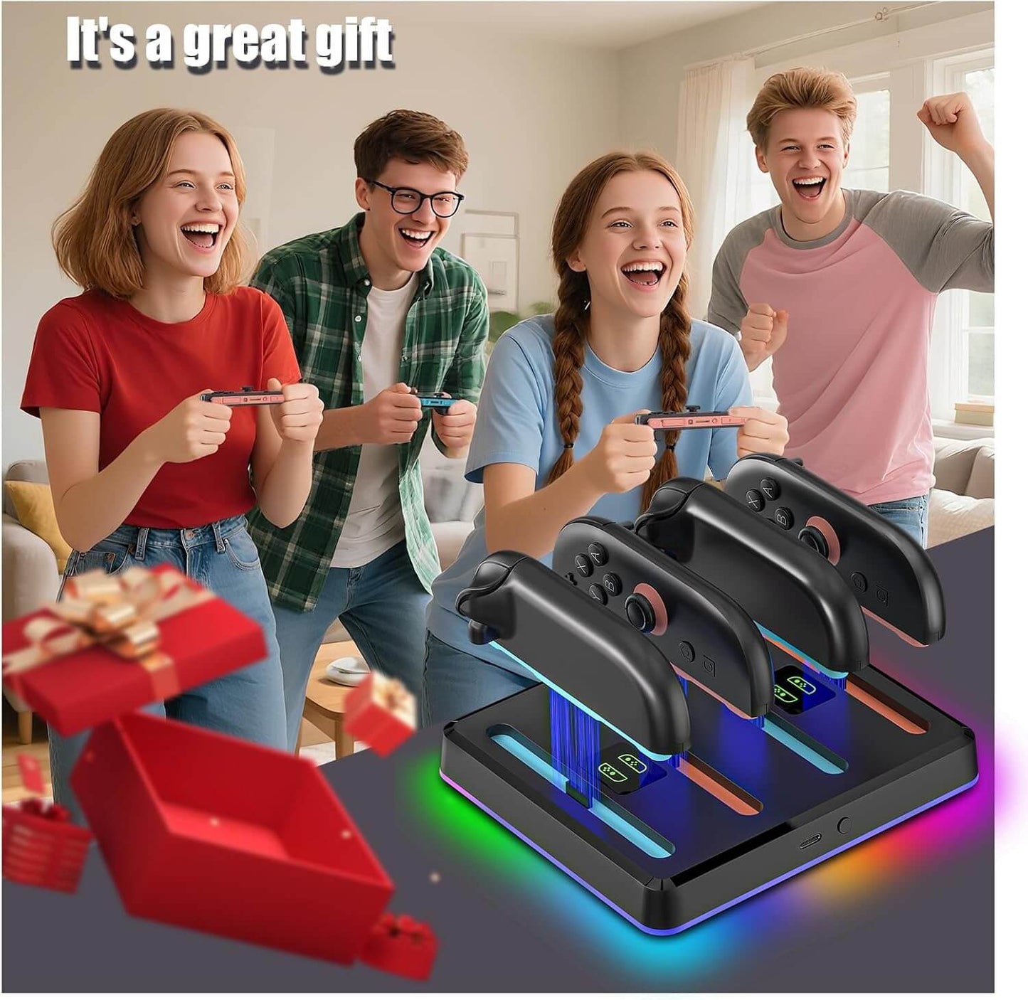 NANANINO Switch 2 Controller Charging Dock, 4-in-1 Magnetic Fast Charger for Joy-Con 2 Controllers with Wall Mount, Smart RGB Lighting, Compact Nintendo Switch 2 Controller Charger