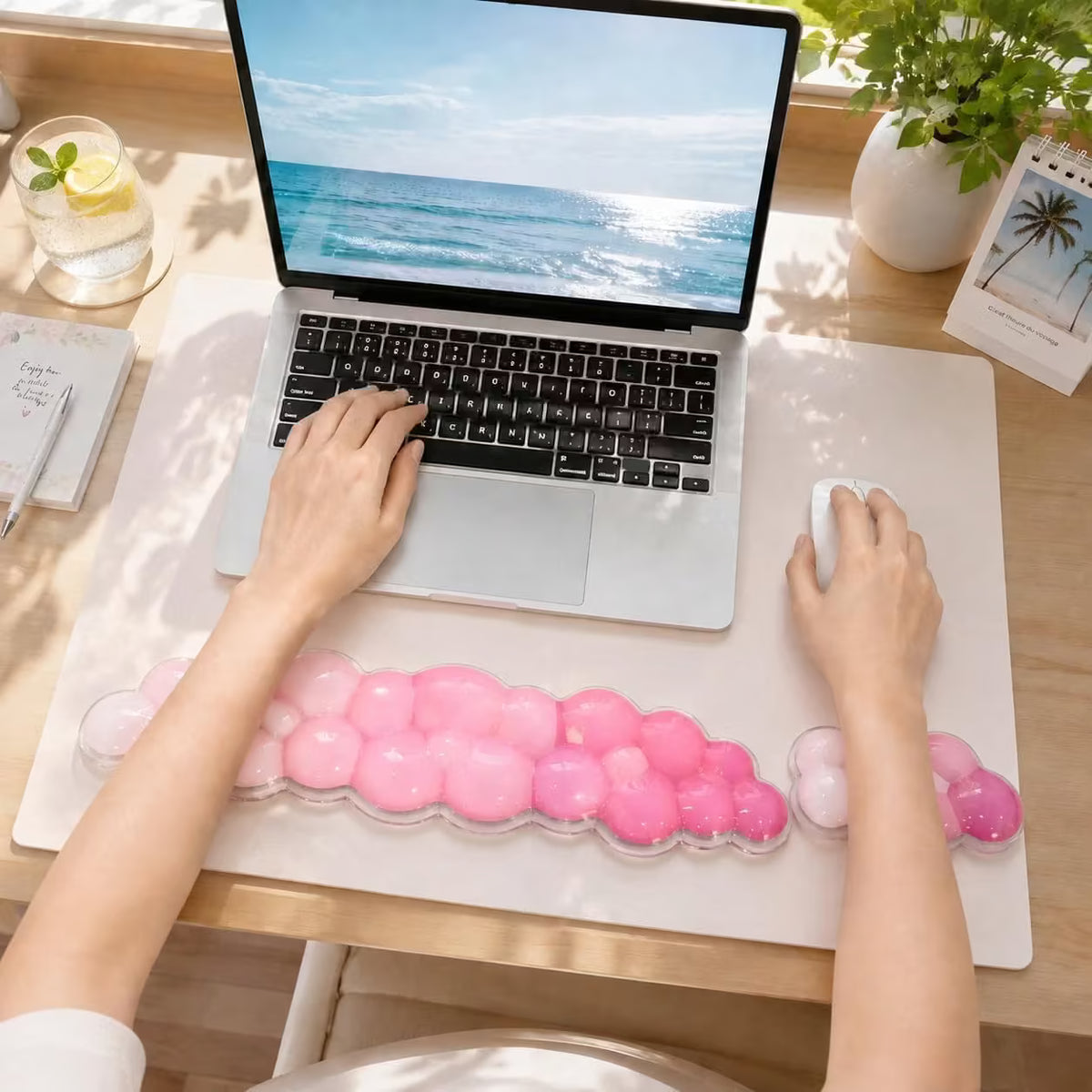 Pink Cloud Gel Keyboard Wrist Rest Set for Women, Non-Slip Mouse Pad