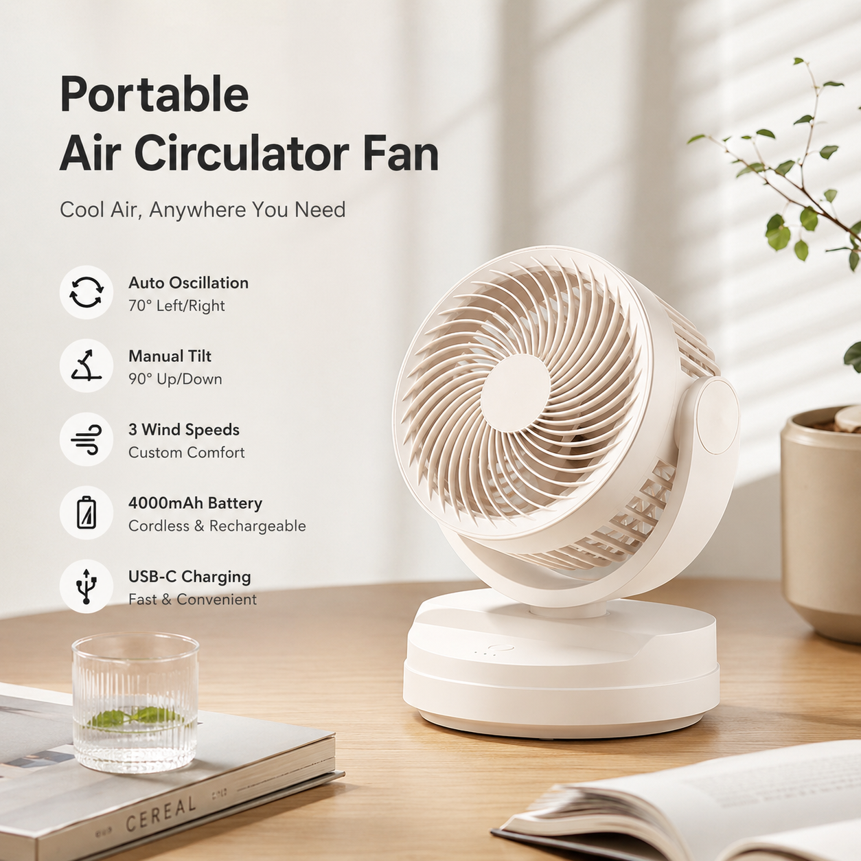 Portable air circulator fan for home office and desk setup