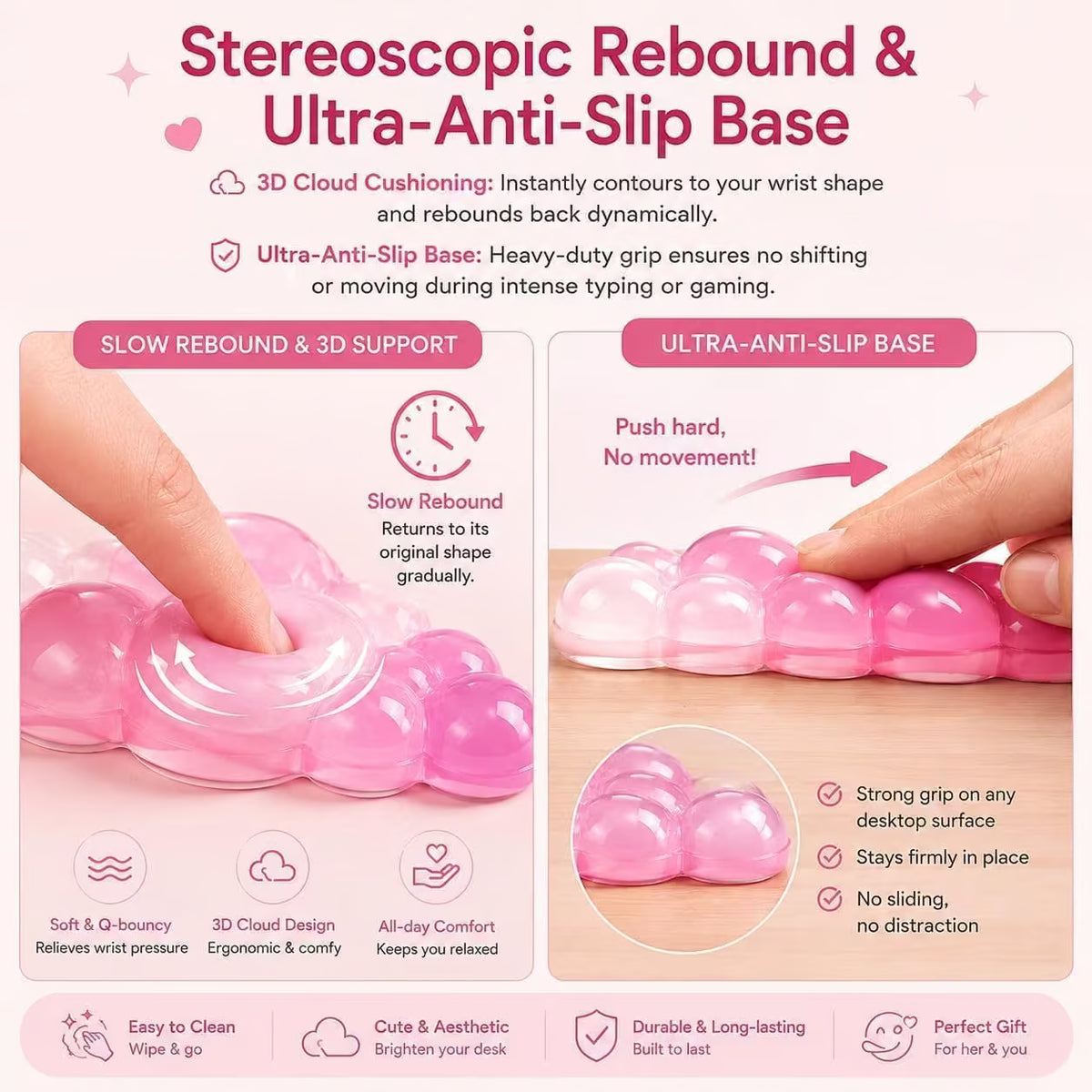 Pink Cloud Gel Keyboard Wrist Rest Set for Women, Non-Slip Mouse Pad
