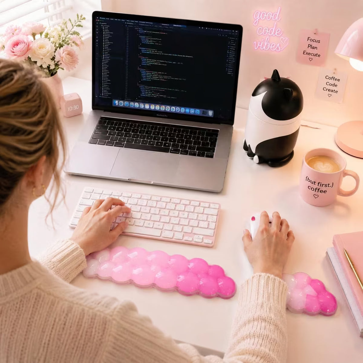 Pink Cloud Gel Keyboard Wrist Rest Set for Women, Non-Slip Mouse Pad