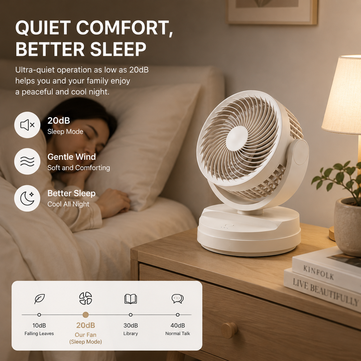 Quiet portable fan for bedroom sleep and night cooling