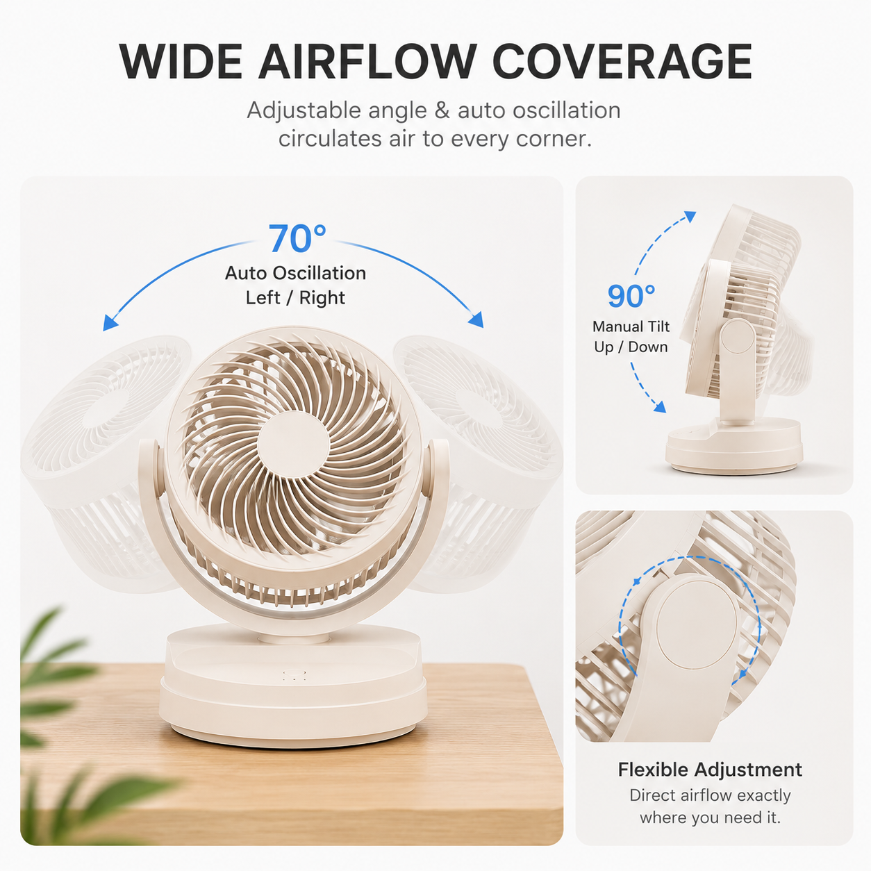 Portable air circulator fan with 70 degree oscillation and 90 degree adjustable tilt