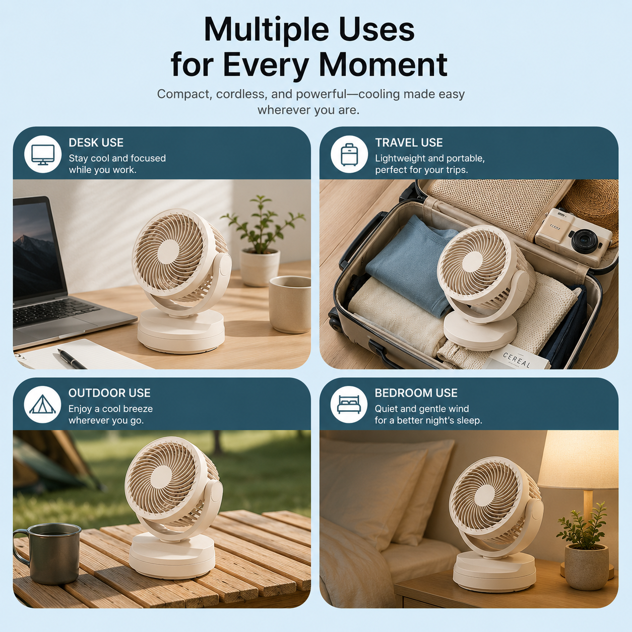 Portable air circulator fan for desk travel outdoor and bedroom use