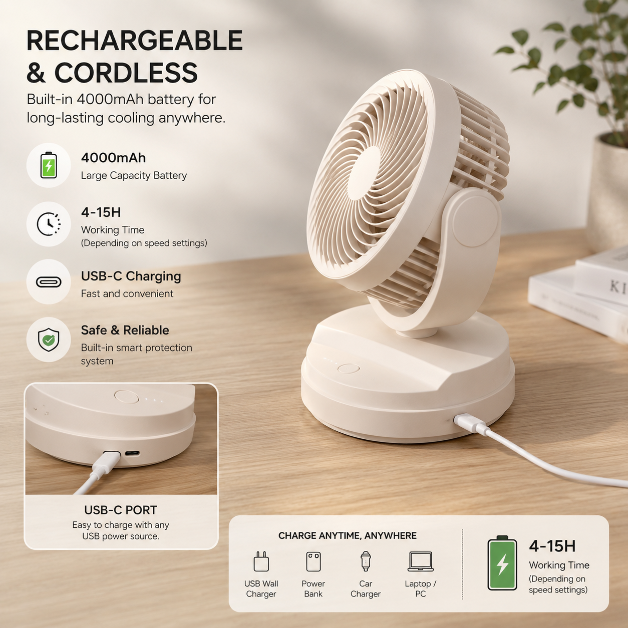 Portable air circulator fan for desk travel outdoor and bedroom use