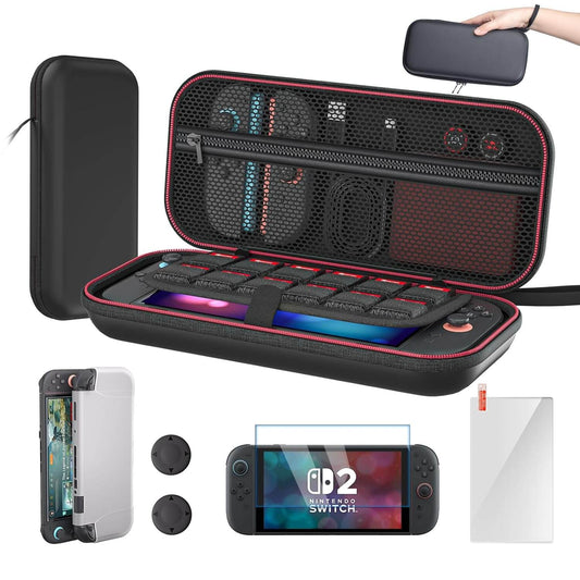 Switch 2 Carrying Case, Travel Hard Shell Storage Bag with Silicone Protective Cover, 2 Tempered Glass Screen Protectors & 2 Thumb Grips, Fits Switch 2 Accessories – Black