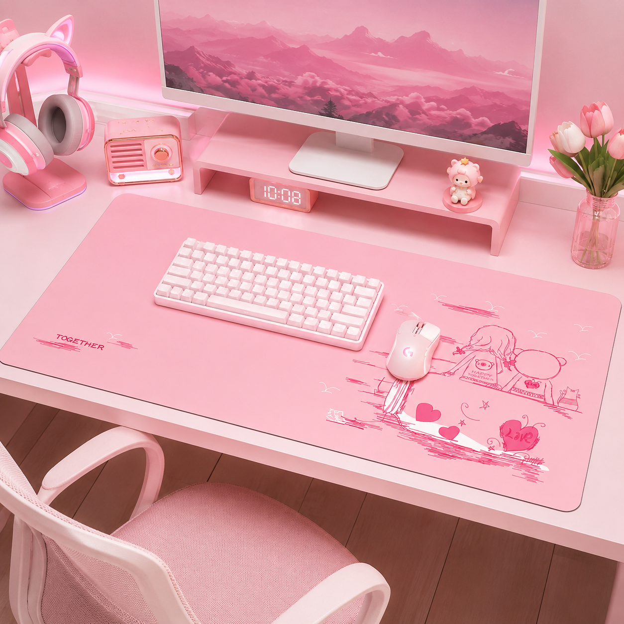 Pink desk mouse pad with non-slip rubber base