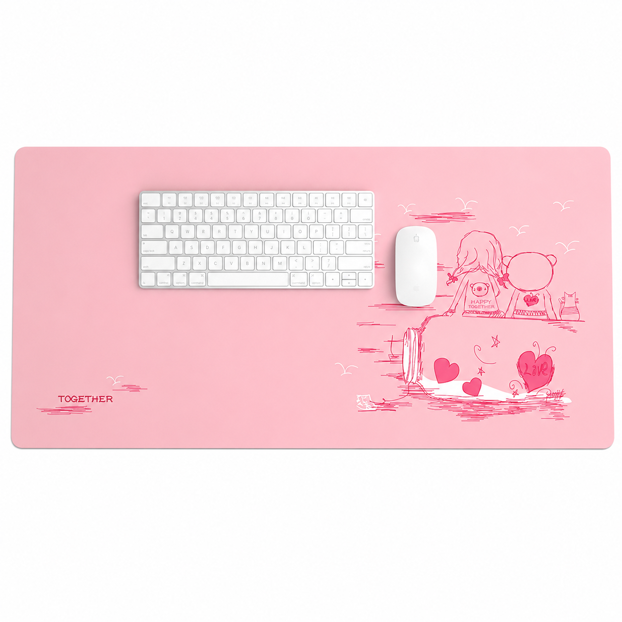 Pink desk mouse pad with keyboard and mouse on white background