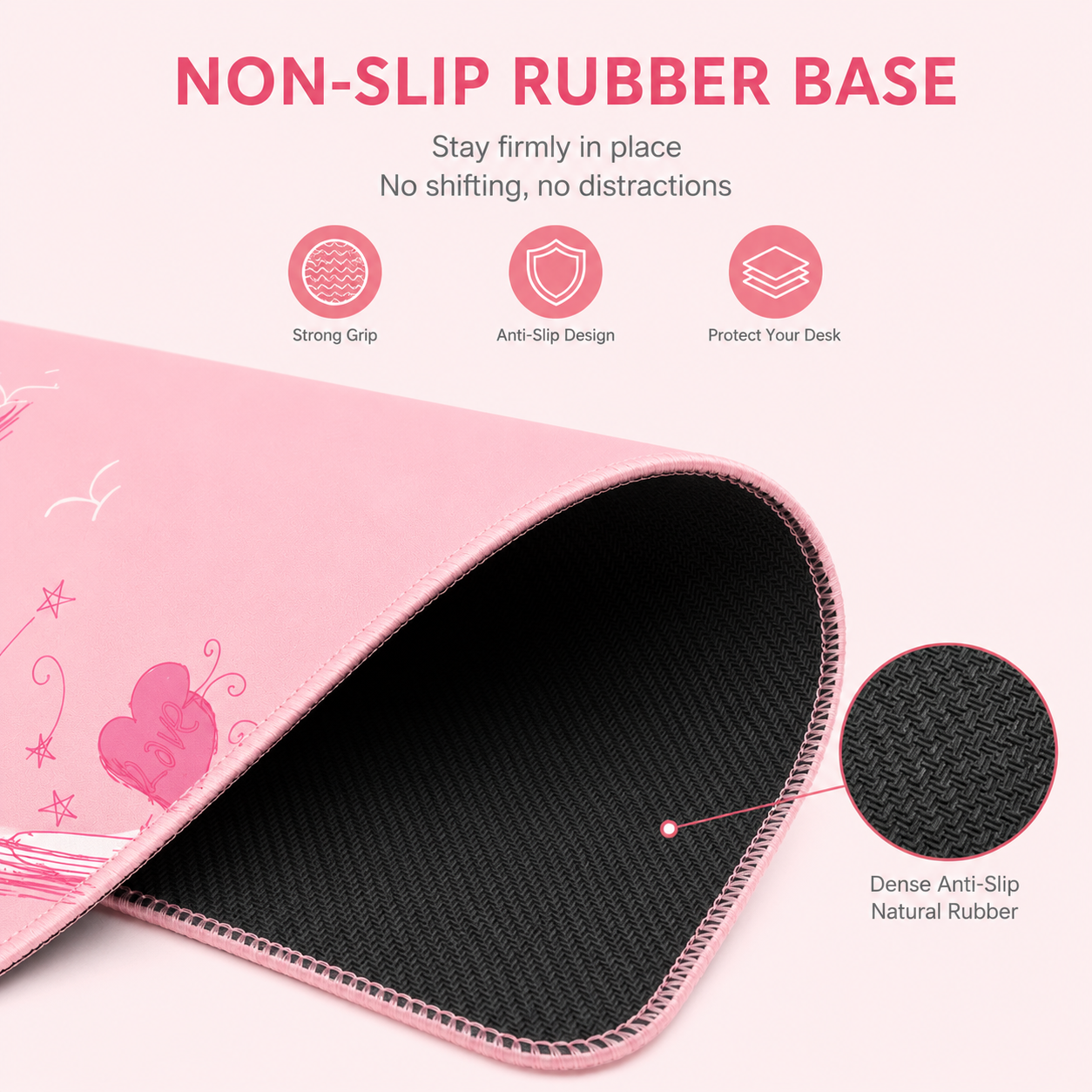 Pink desk mouse pad with premium stitched edges