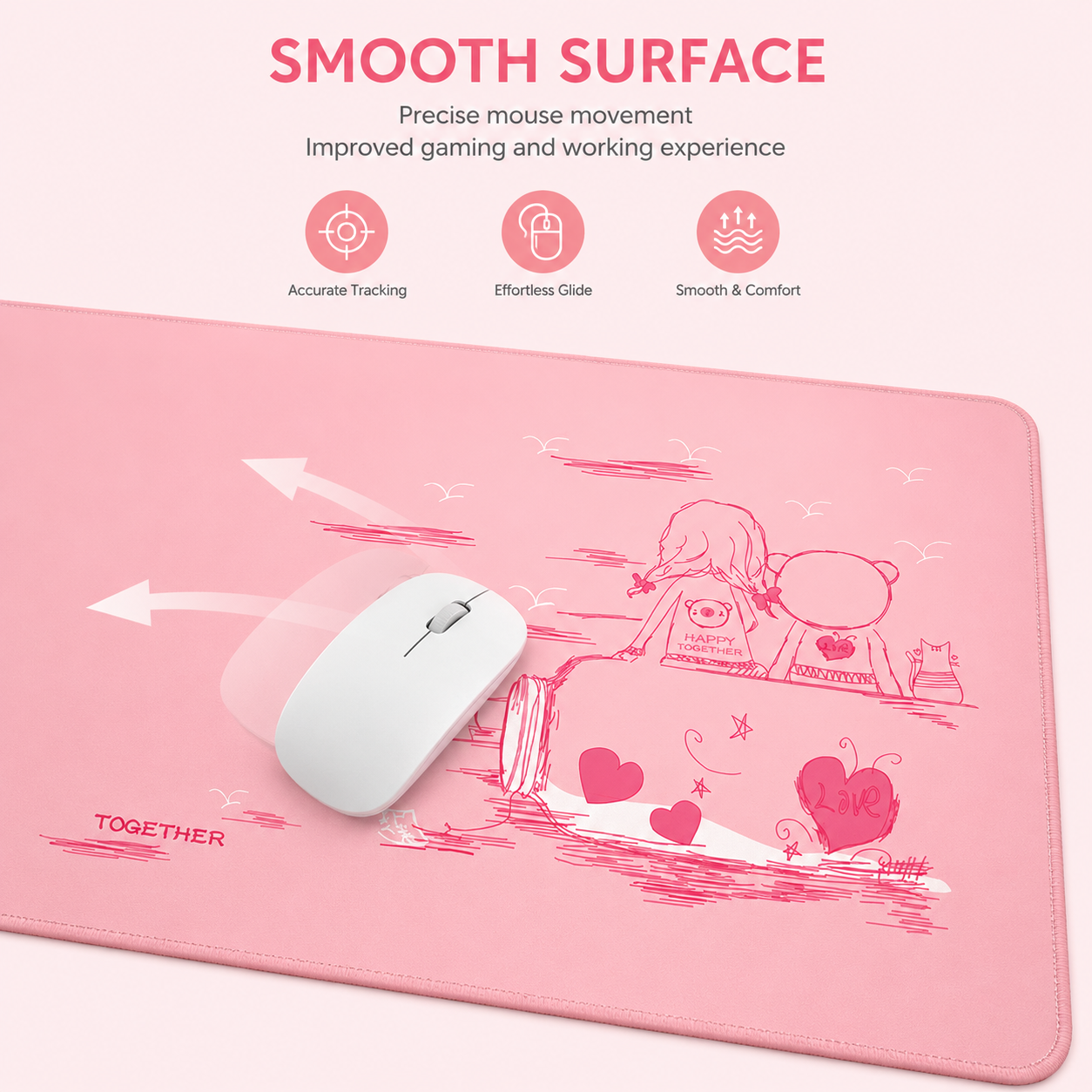 Pink desk mouse pad with smooth surface for precise mouse movement