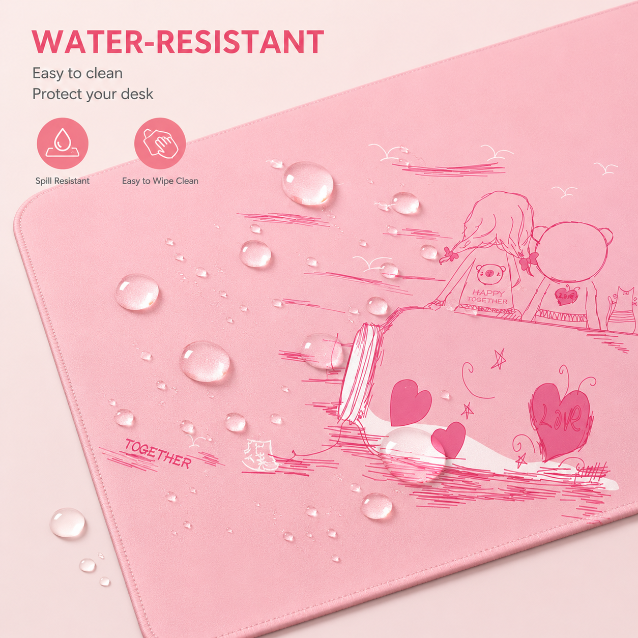 Water-resistant pink desk mouse pad with easy to clean surface