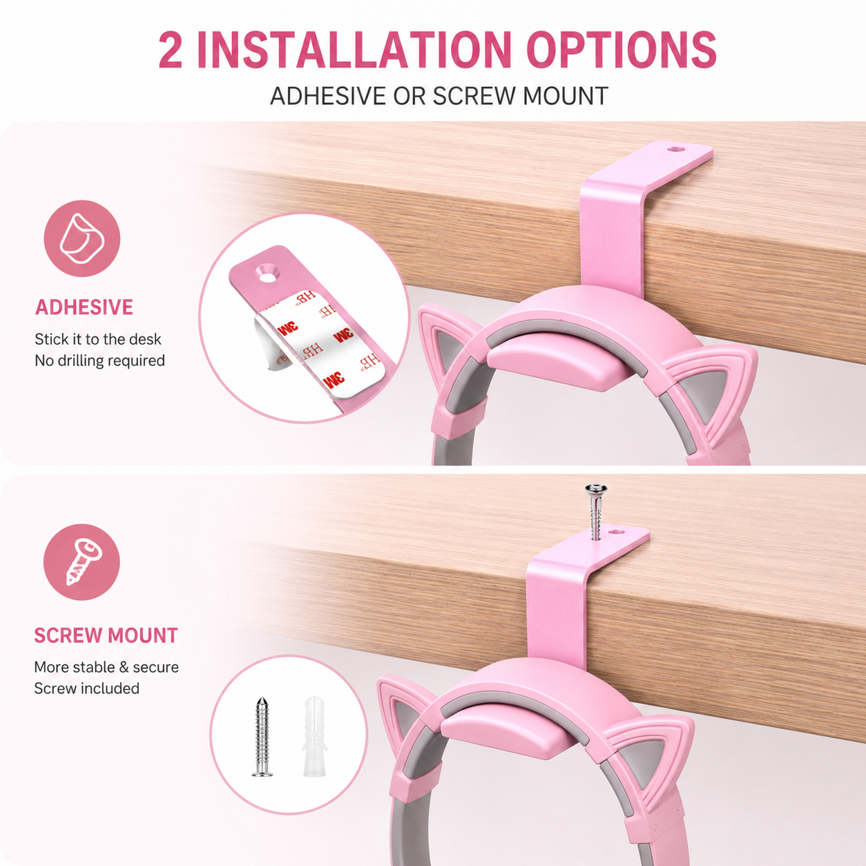 Pink headphone hanger with adhesive and screw mounting options