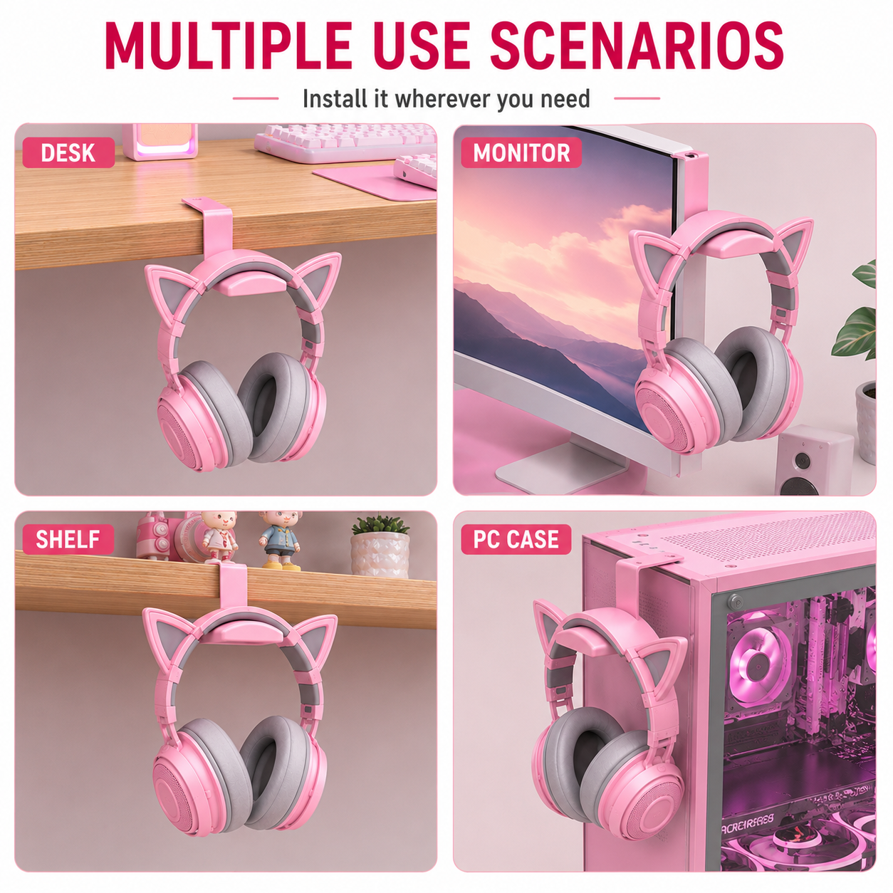 Pink headphone hanger mounted on desk monitor shelf and PC case