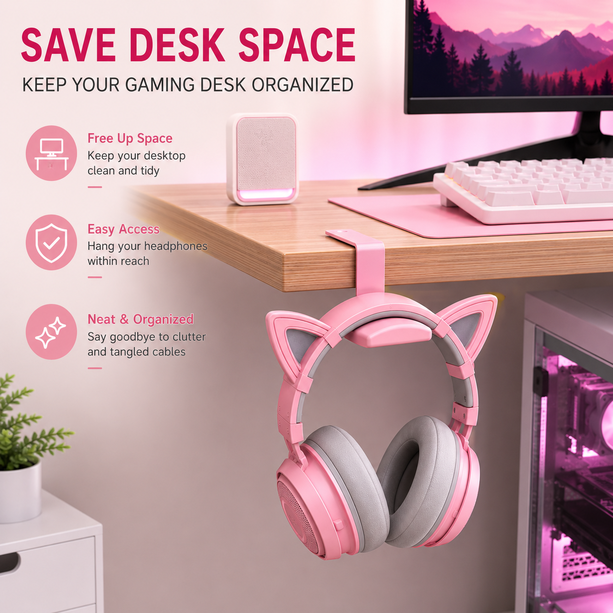 Pink headphone hanger for cute pink gaming desk setup