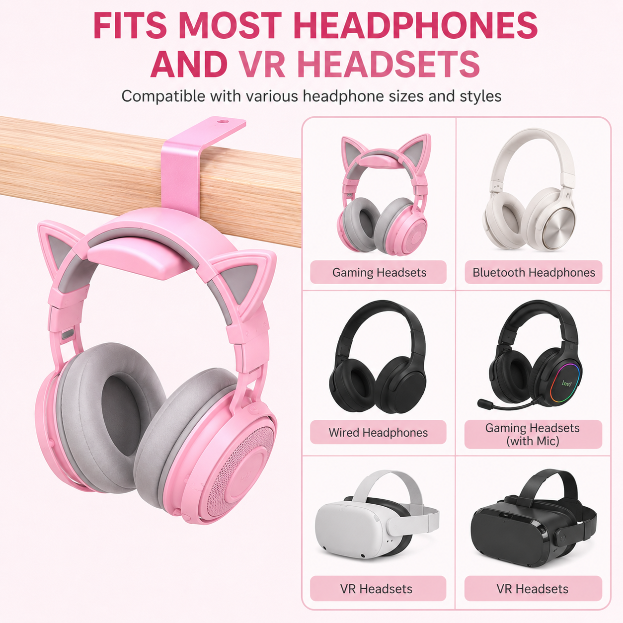 Pink headphone hanger keeps gaming desk clean and organized
