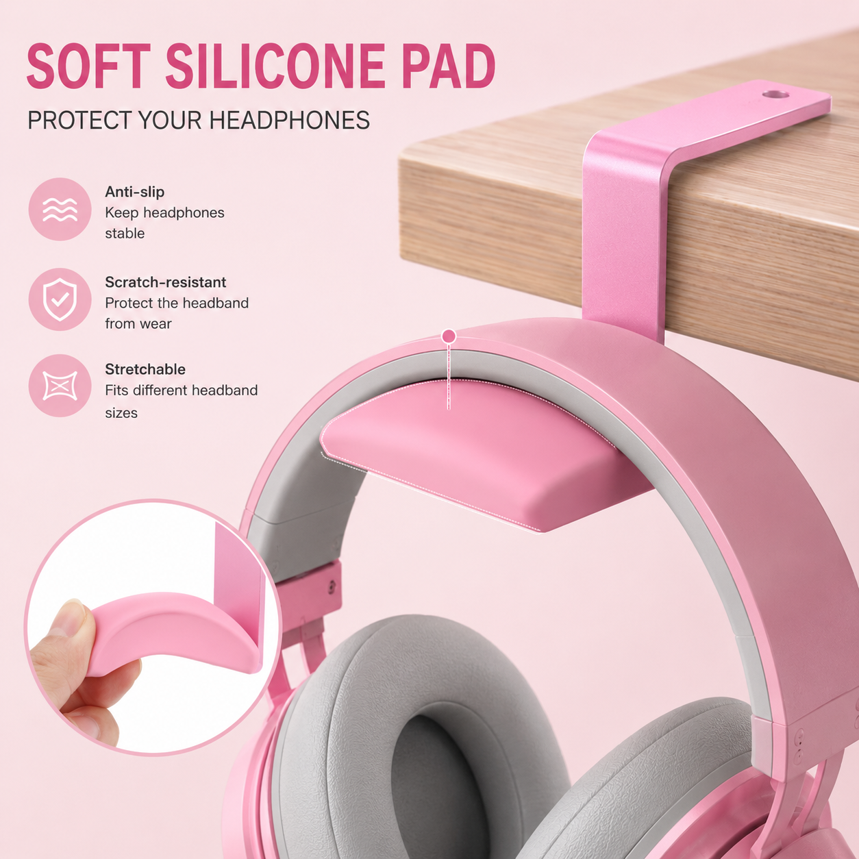 Soft silicone pad on pink headphone hanger protects headset headband