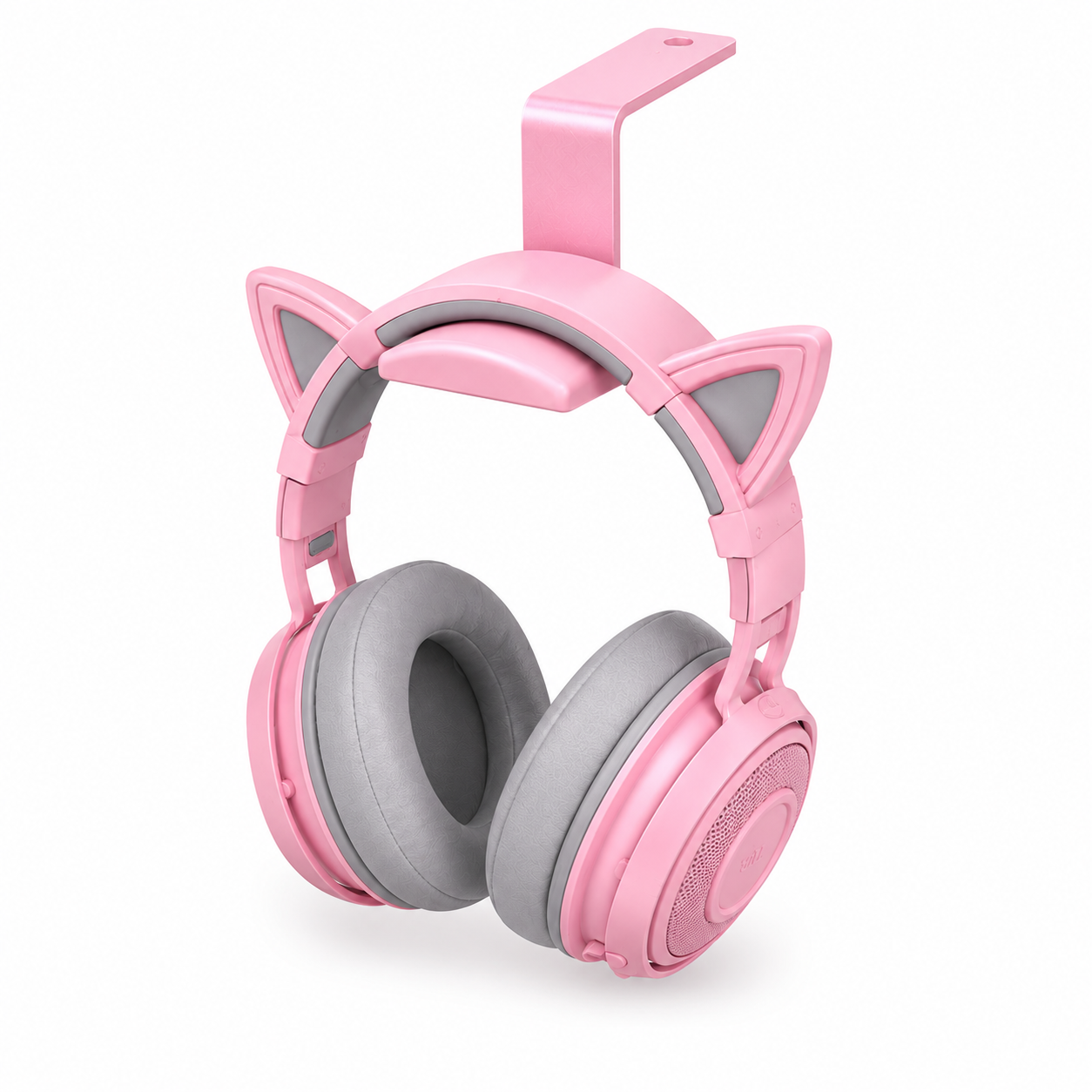 Pink headphone hanger holding a gaming headset on white background