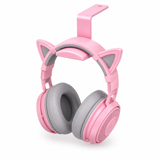 Pink headphone hanger holding a gaming headset on white background