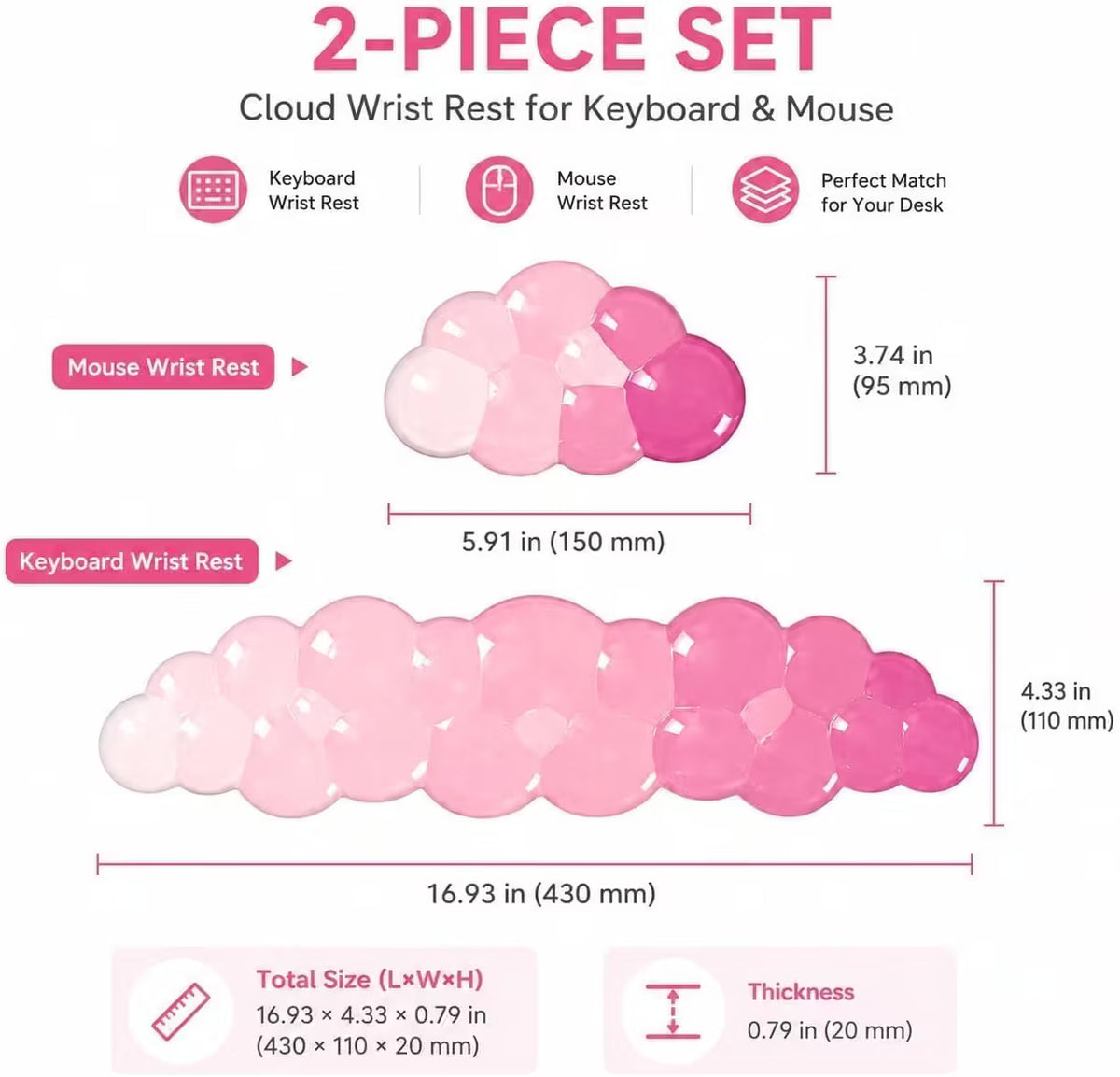 Pink Cloud Gel Keyboard Wrist Rest Set for Women, Non-Slip Mouse Pad