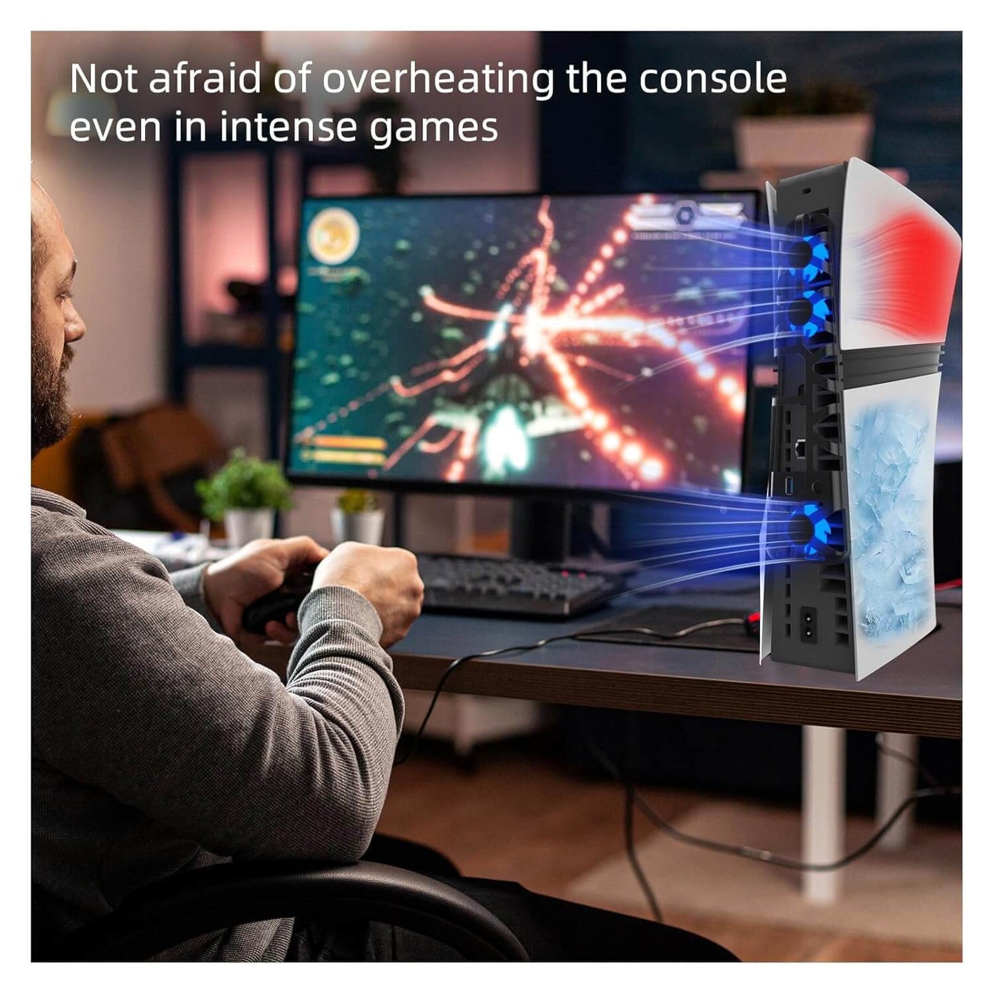 PS5 Pro Cooling Fan with USB Port, Triple High-Speed Fans for Efficient Heat Dissipation, Adjustable Speed Modes, Blue LED Lights, Quiet Operation for PlayStation 5 Pro Console