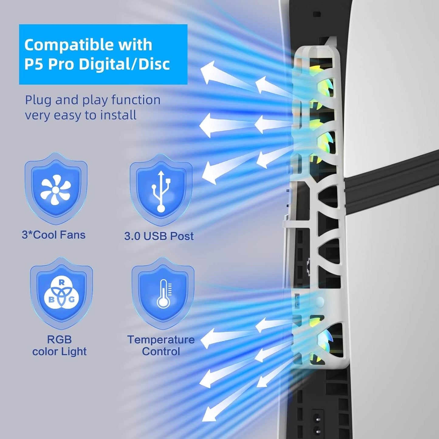 PS5 Pro Cooling Fan, Auto Fan Speed Adjustable by Temperature, PlayStation 5 Pro Cooling Fan Compatible with PS5 Pro Console (NOT for PS5 Slim/the original PS5)