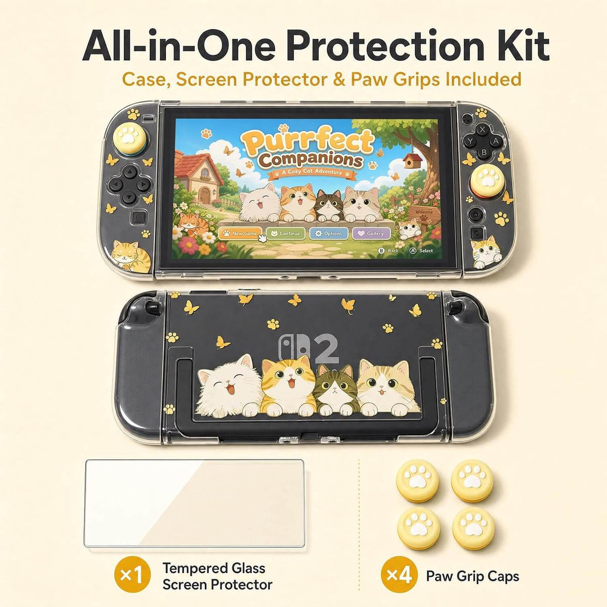 NANANINO Cute Cat Switch 2 Protective Case Compatible with Switch 2, Clear Hard PC Back Cover & TPU Joy-Con Covers, Dockable Protective Shell with 1 Screen Protector and Thumb Grip Caps