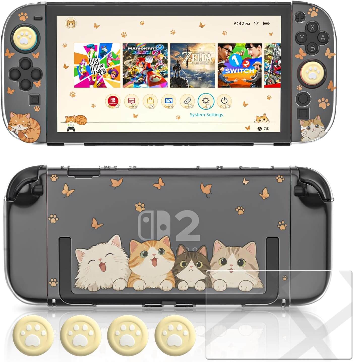 NANANINO Cute Cat Switch 2 Protective Case Compatible with Switch 2, Clear Hard PC Back Cover & TPU Joy-Con Covers, Dockable Protective Shell with 1 Screen Protector and Thumb Grip Caps