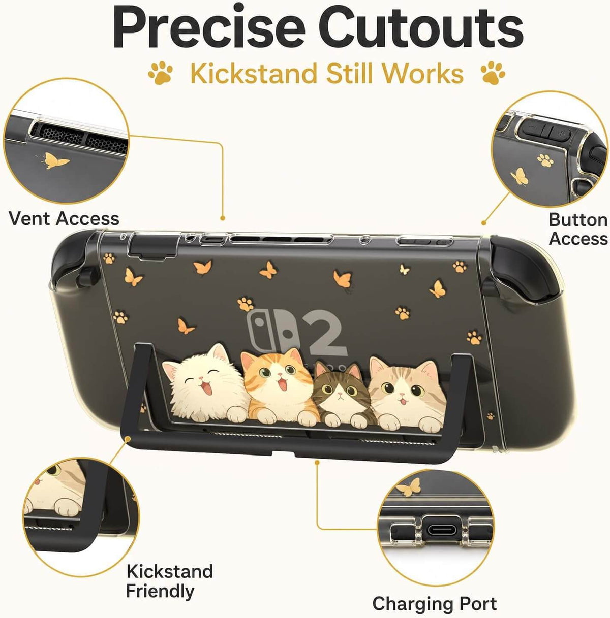NANANINO Cute Cat Switch 2 Protective Case Compatible with Switch 2, Clear Hard PC Back Cover & TPU Joy-Con Covers, Dockable Protective Shell with 1 Screen Protector and Thumb Grip Caps