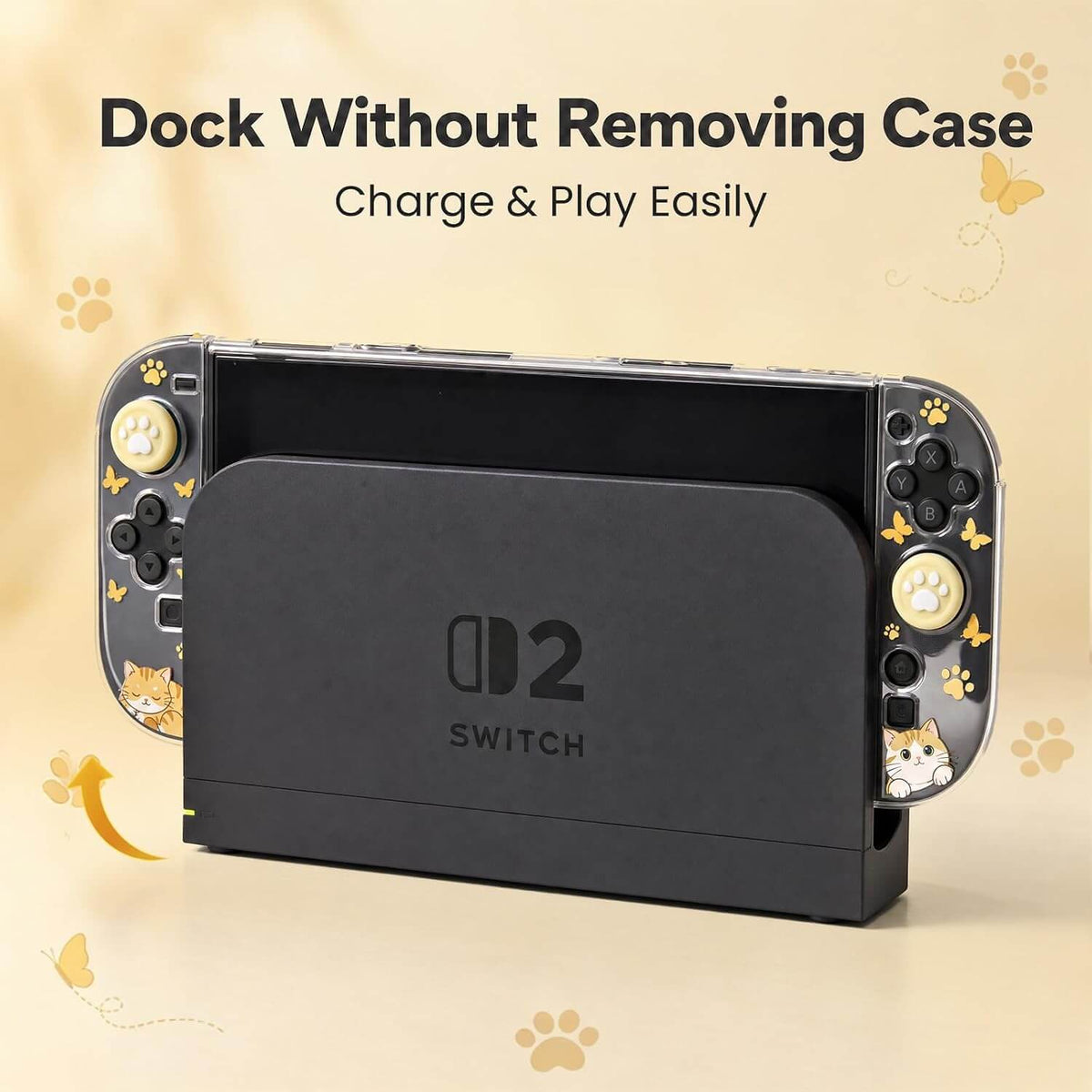 NANANINO Cute Cat Switch 2 Protective Case Compatible with Switch 2, Clear Hard PC Back Cover & TPU Joy-Con Covers, Dockable Protective Shell with 1 Screen Protector and Thumb Grip Caps