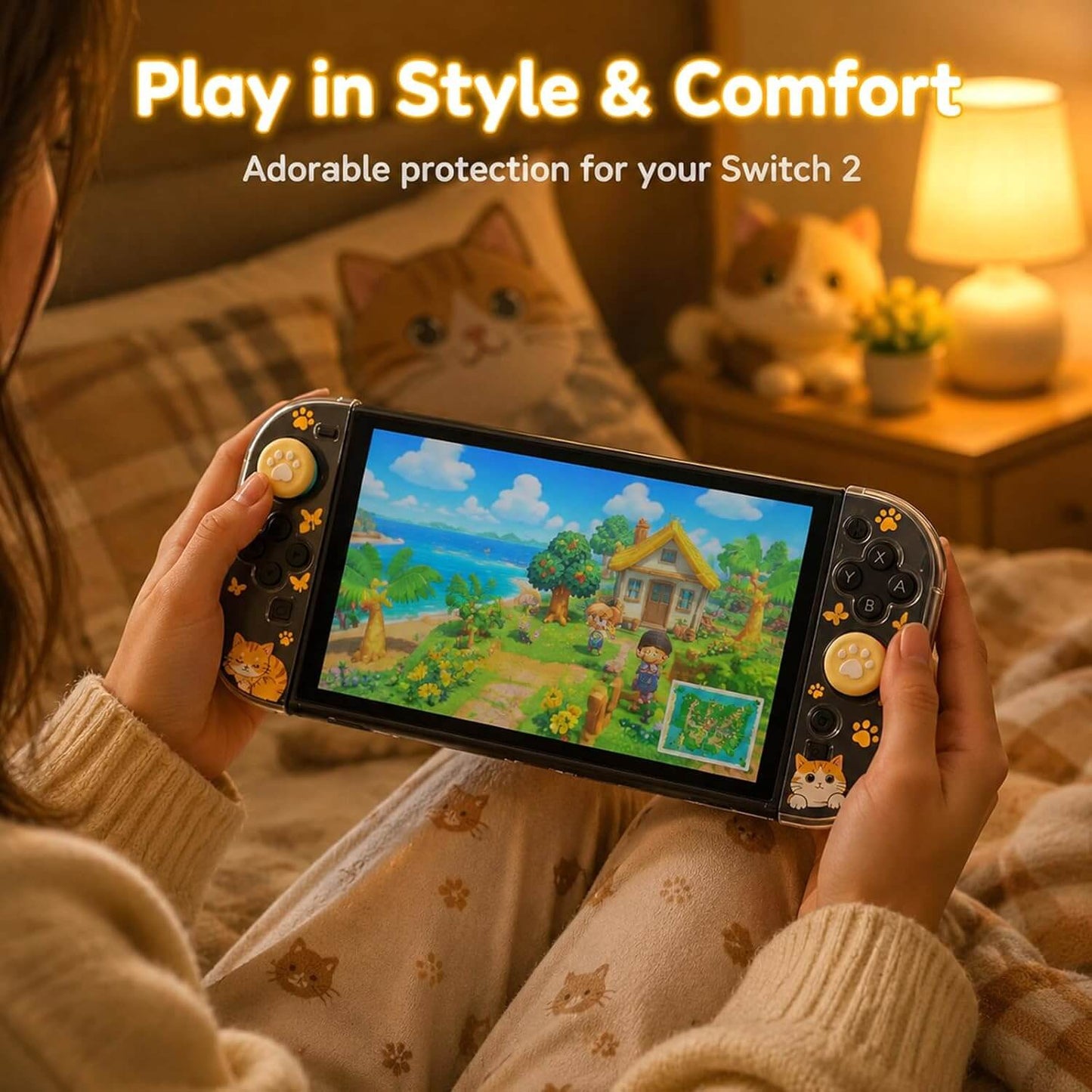 NANANINO Cute Cat Switch 2 Protective Case Compatible with Switch 2, Clear Hard PC Back Cover & TPU Joy-Con Covers, Dockable Protective Shell with 1 Screen Protector and Thumb Grip Caps