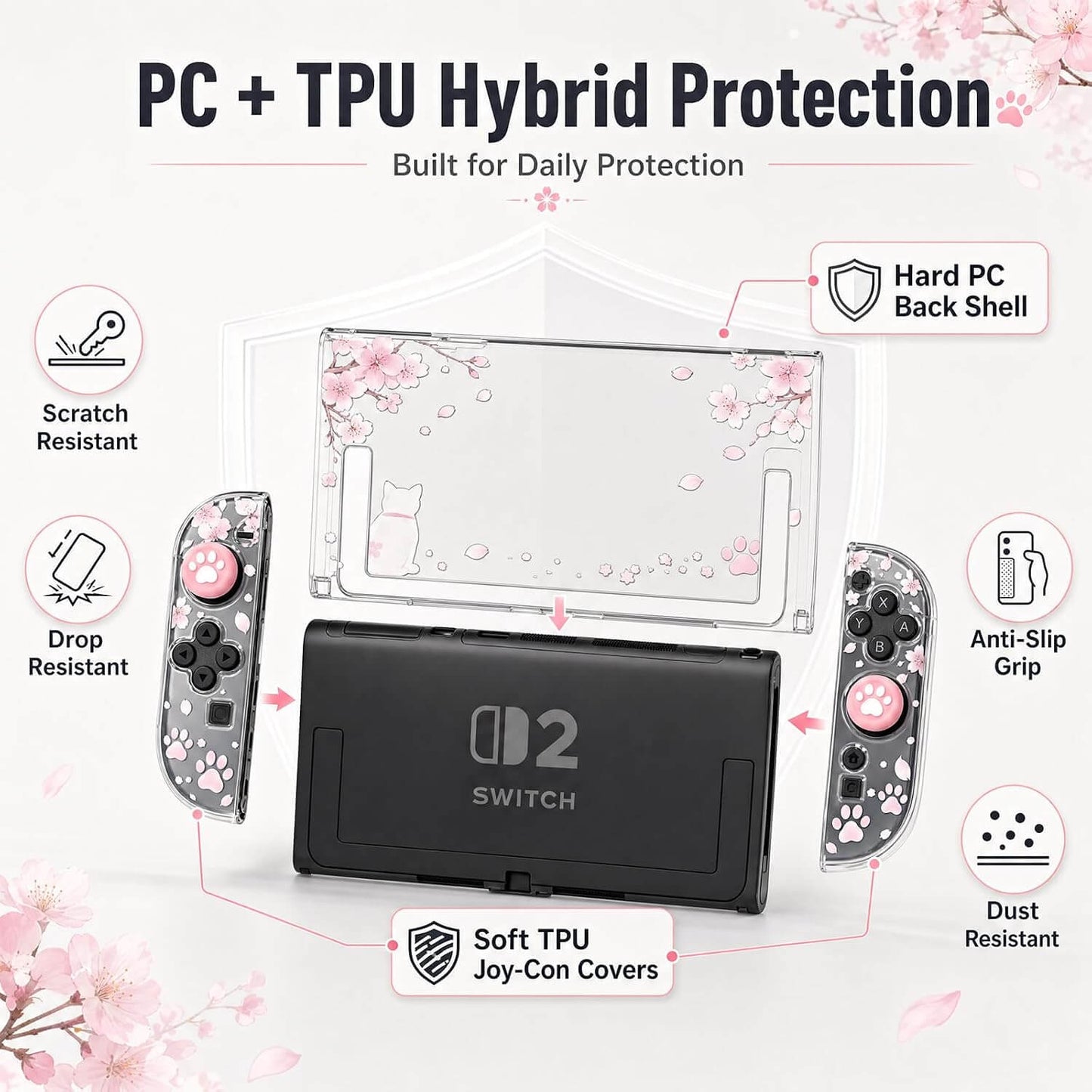 Switch 2 Case for Nintendo Switch 2, Protective Cherry Blossom Cover