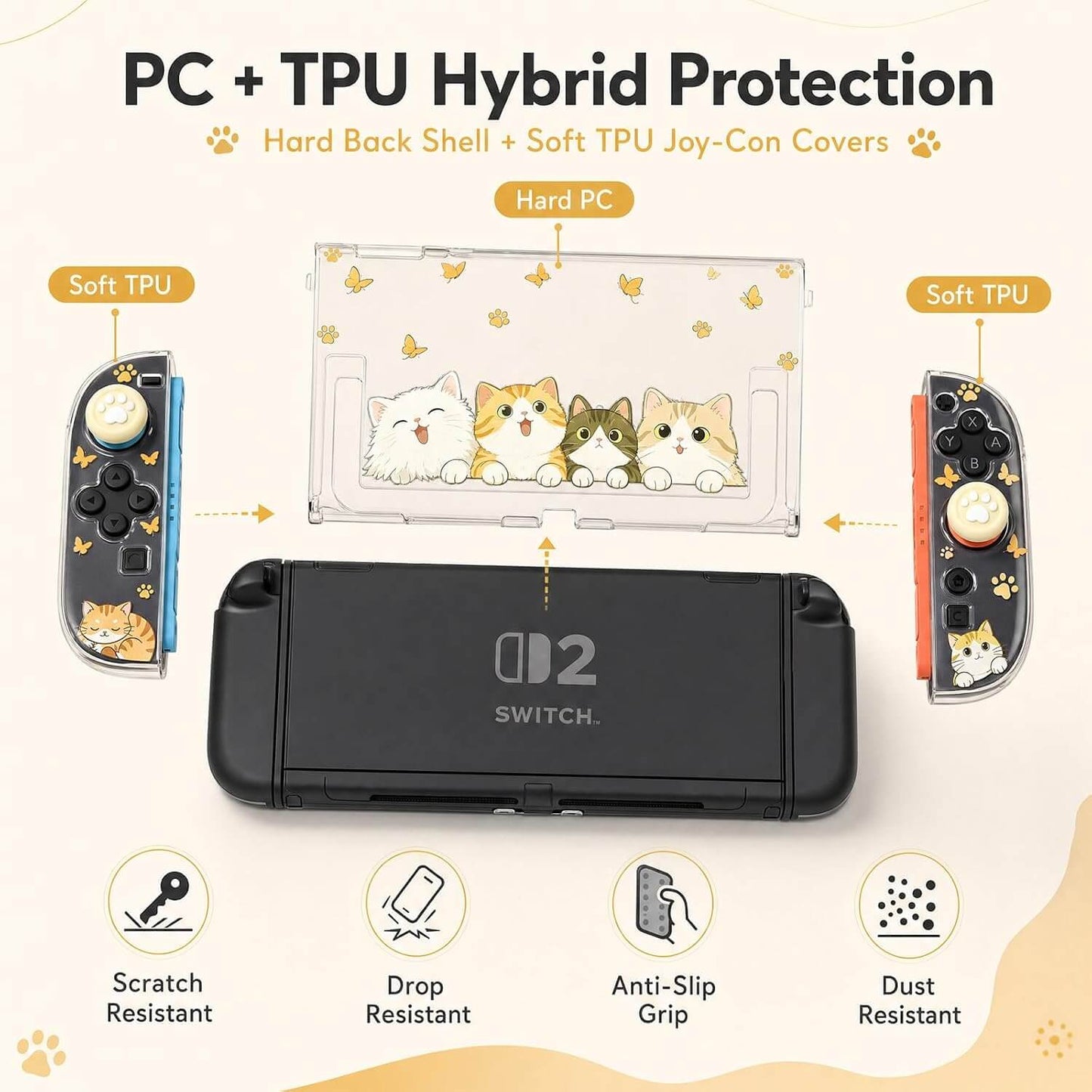 NANANINO Cute Cat Switch 2 Protective Case Compatible with Switch 2, Clear Hard PC Back Cover & TPU Joy-Con Covers, Dockable Protective Shell with 1 Screen Protector and Thumb Grip Caps