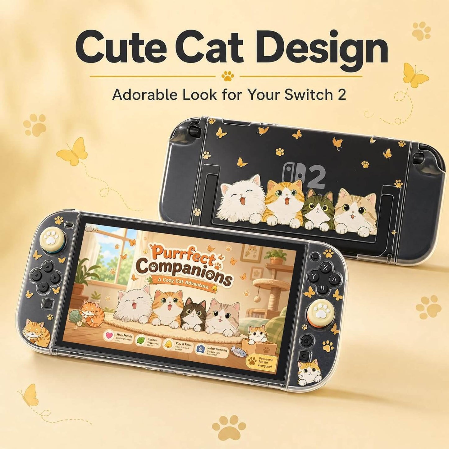NANANINO Cute Cat Switch 2 Protective Case Compatible with Switch 2, Clear Hard PC Back Cover & TPU Joy-Con Covers, Dockable Protective Shell with 1 Screen Protector and Thumb Grip Caps