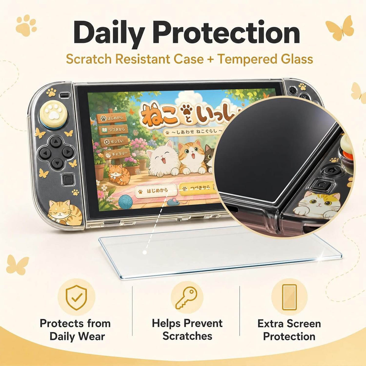 NANANINO Cute Cat Switch 2 Protective Case Compatible with Switch 2, Clear Hard PC Back Cover & TPU Joy-Con Covers, Dockable Protective Shell with 1 Screen Protector and Thumb Grip Caps