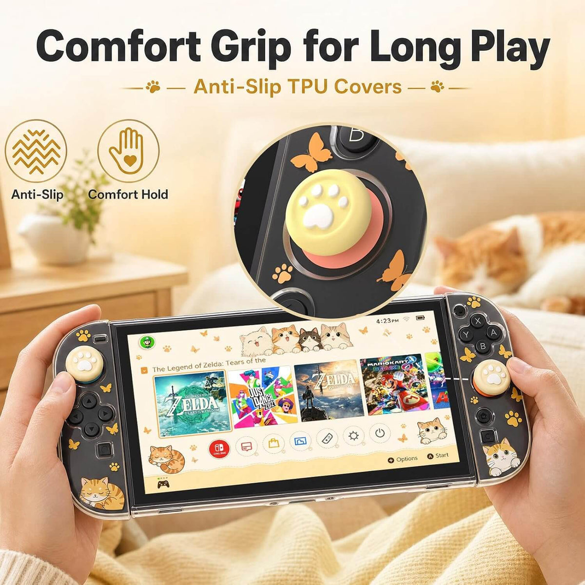 NANANINO Cute Cat Switch 2 Protective Case Compatible with Switch 2, Clear Hard PC Back Cover & TPU Joy-Con Covers, Dockable Protective Shell with 1 Screen Protector and Thumb Grip Caps